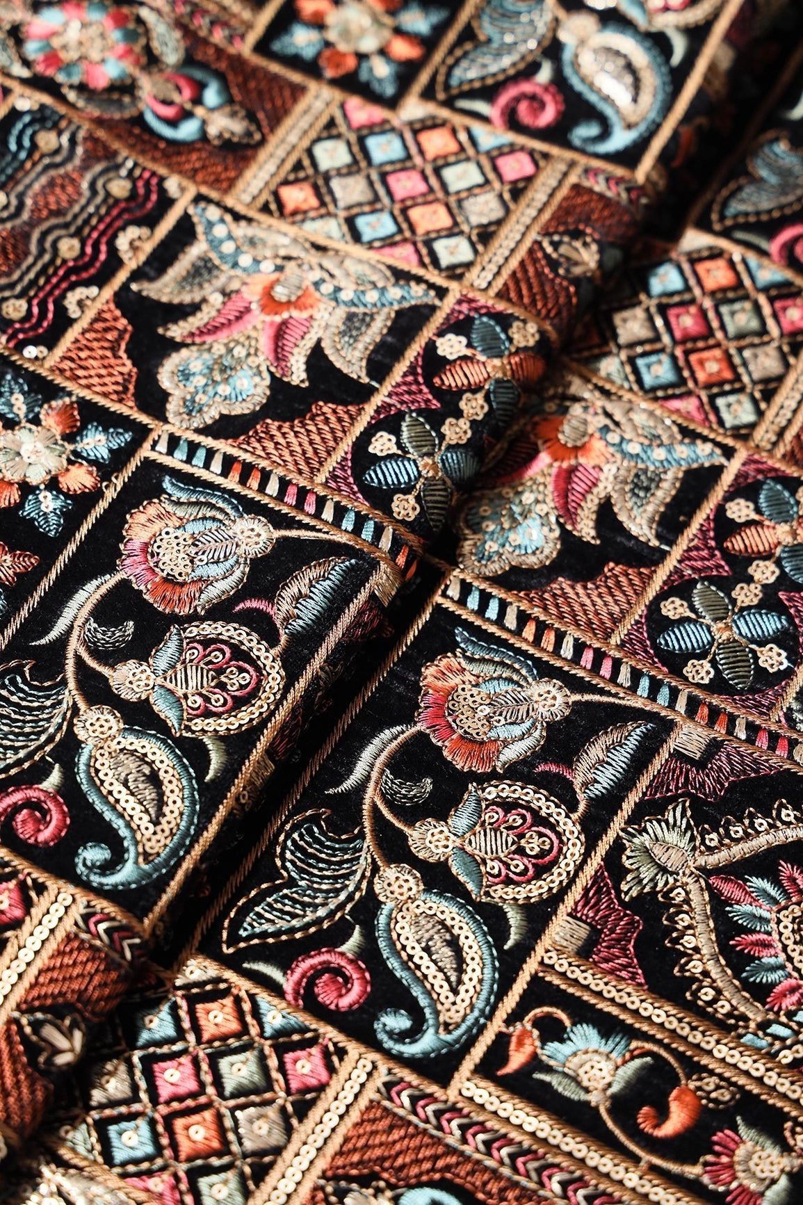 Multi Color Thread With Sequins Traditional Embroidery Work On Black Velvet Fabric - doeraa