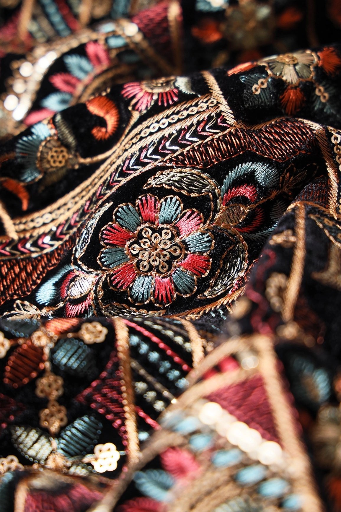 Multi Color Thread With Sequins Traditional Embroidery Work On Black Velvet Fabric - doeraa