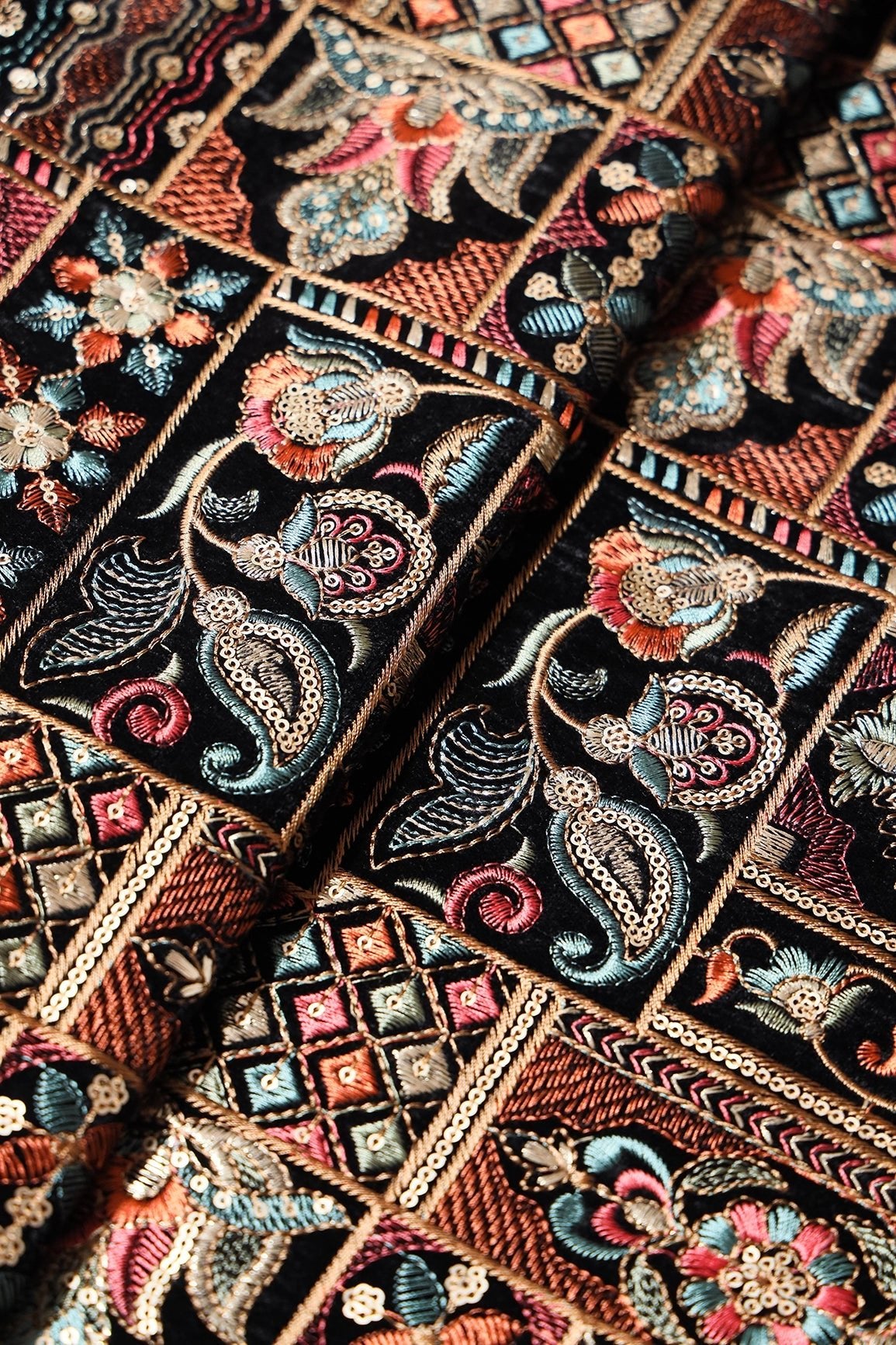 Multi Color Thread With Sequins Traditional Embroidery Work On Black Velvet Fabric - doeraa