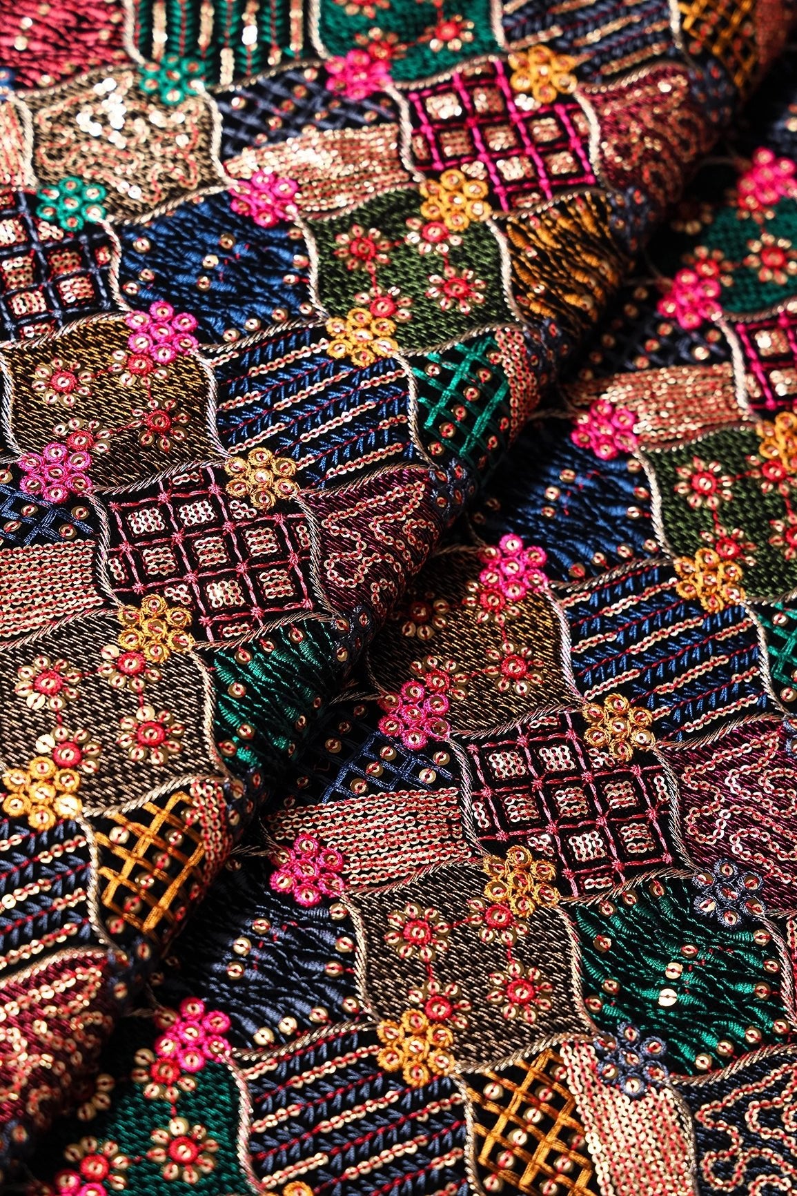 Multi Color Thread With Sequins Trellis Embroidery Work On Black Velvet Fabric - doeraa