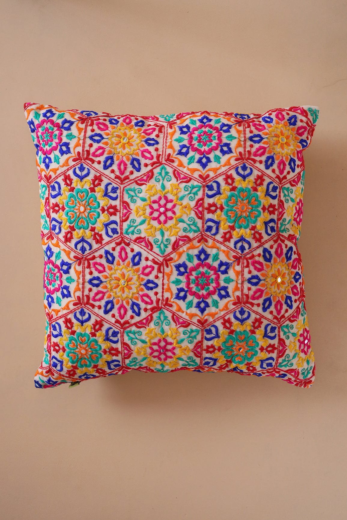 Multi colour Hexagon Embroidery on off white cotton Cushion Cover (16*16 inches) - doeraa