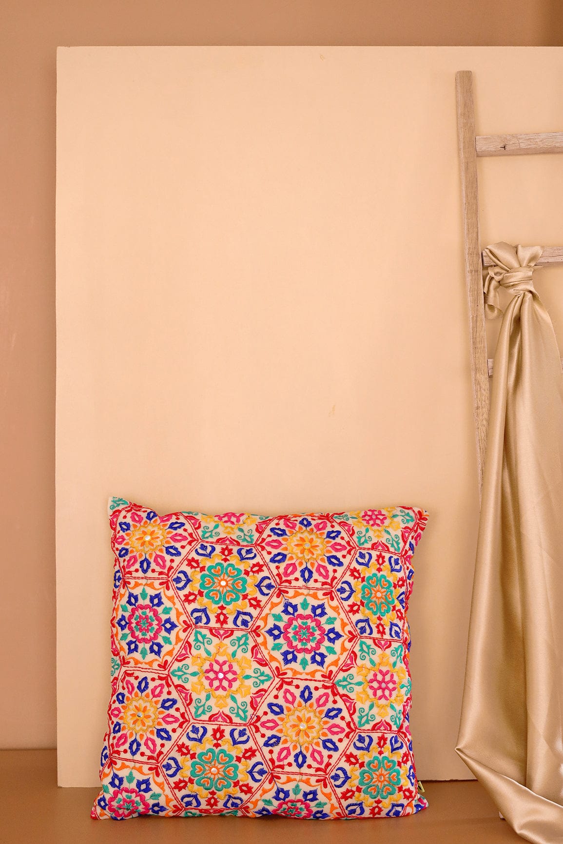 Multi colour Hexagon Embroidery on off white cotton Cushion Cover (16*16 inches) - doeraa