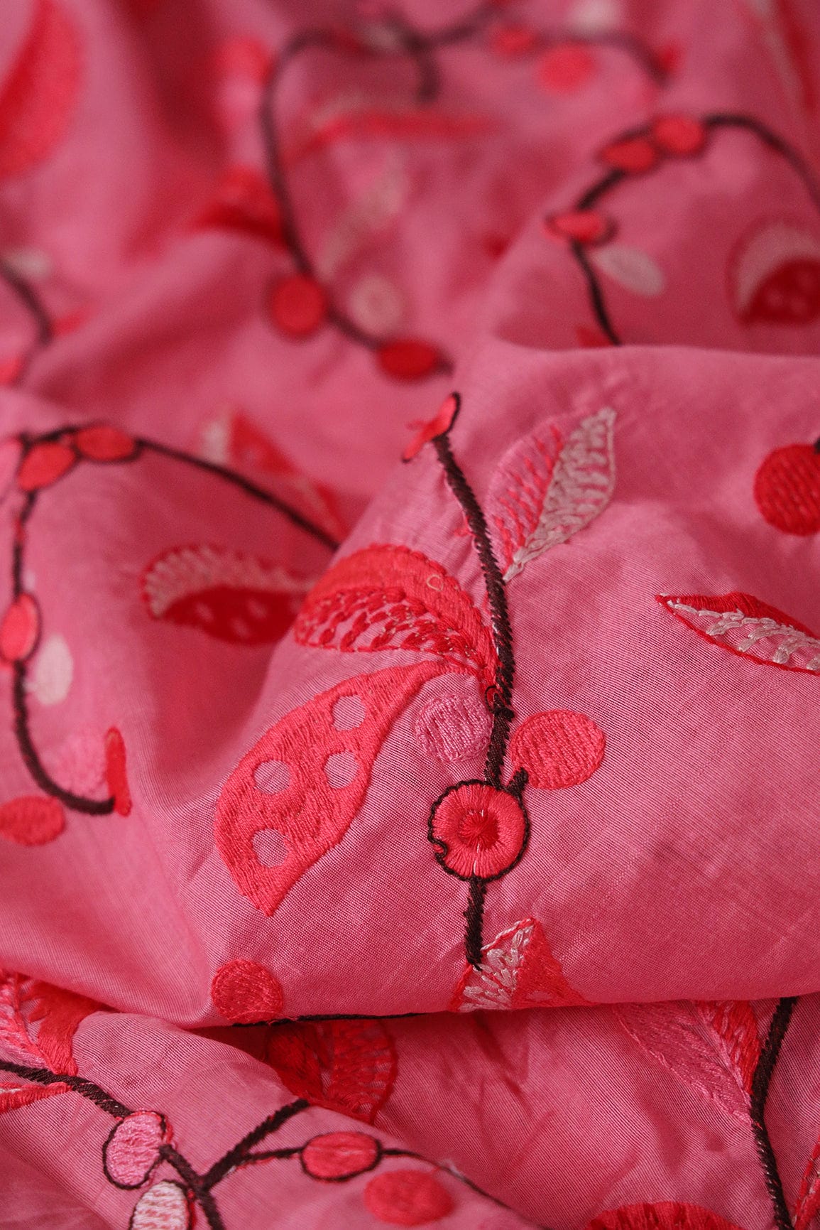 Multi Colour Thread Leafy Embroidery on Pink Silk Fabric - doeraa