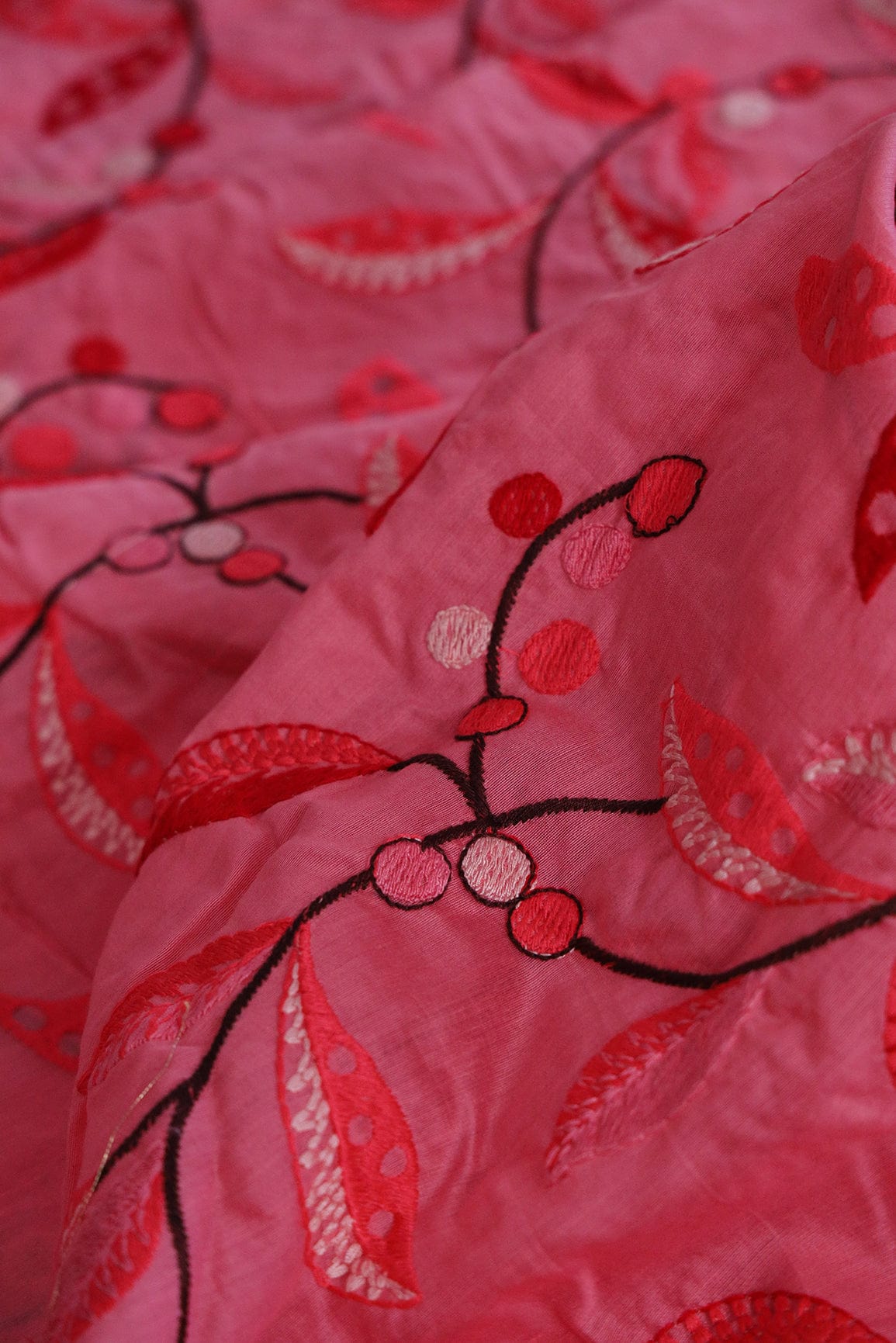 Multi Colour Thread Leafy Embroidery on Pink Silk Fabric - doeraa