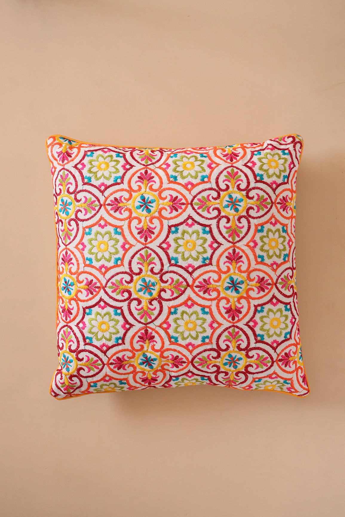 Multi Coloured Embroidery on off white cotton Cushion Cover (16*16 inches) - doeraa