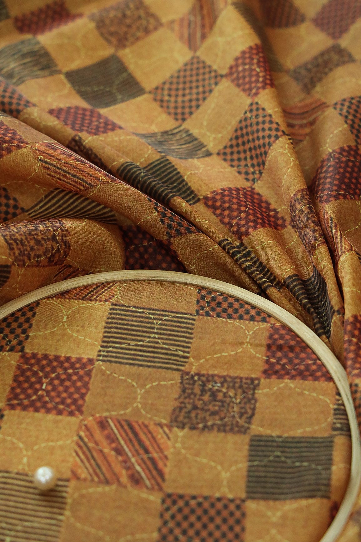 Multi Coloured Geometric Digital Print on Tussar Satin Fabric - doeraa