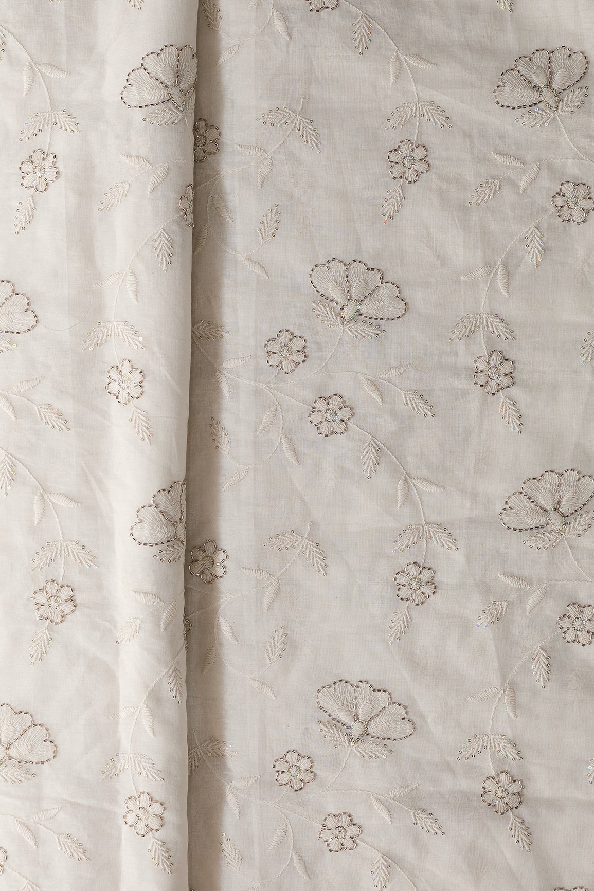 Multi Sequins & Beads With Thread Floral Leafy Embroidery Work On Off White Organic Cotton Fabric - doeraa