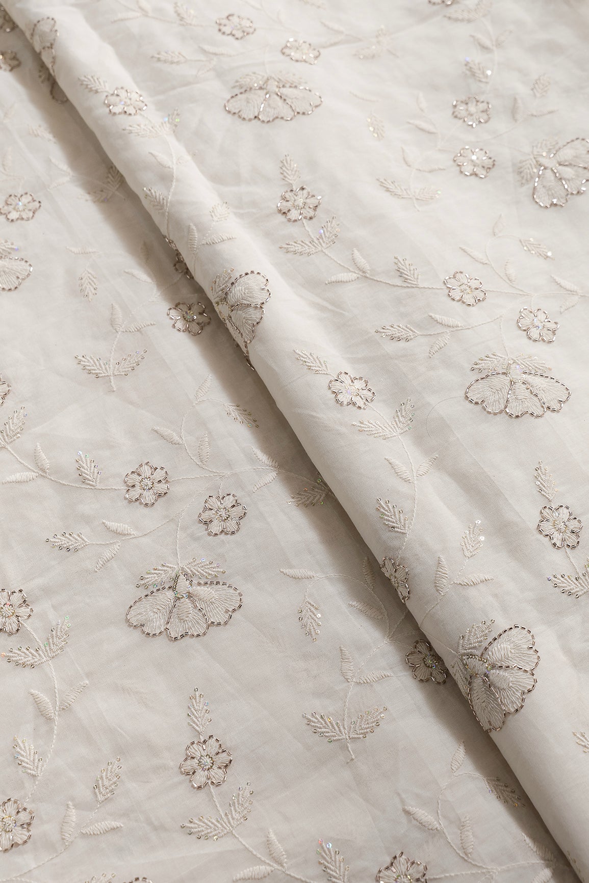 Multi Sequins & Beads With Thread Floral Leafy Embroidery Work On Off White Organic Cotton Fabric - doeraa