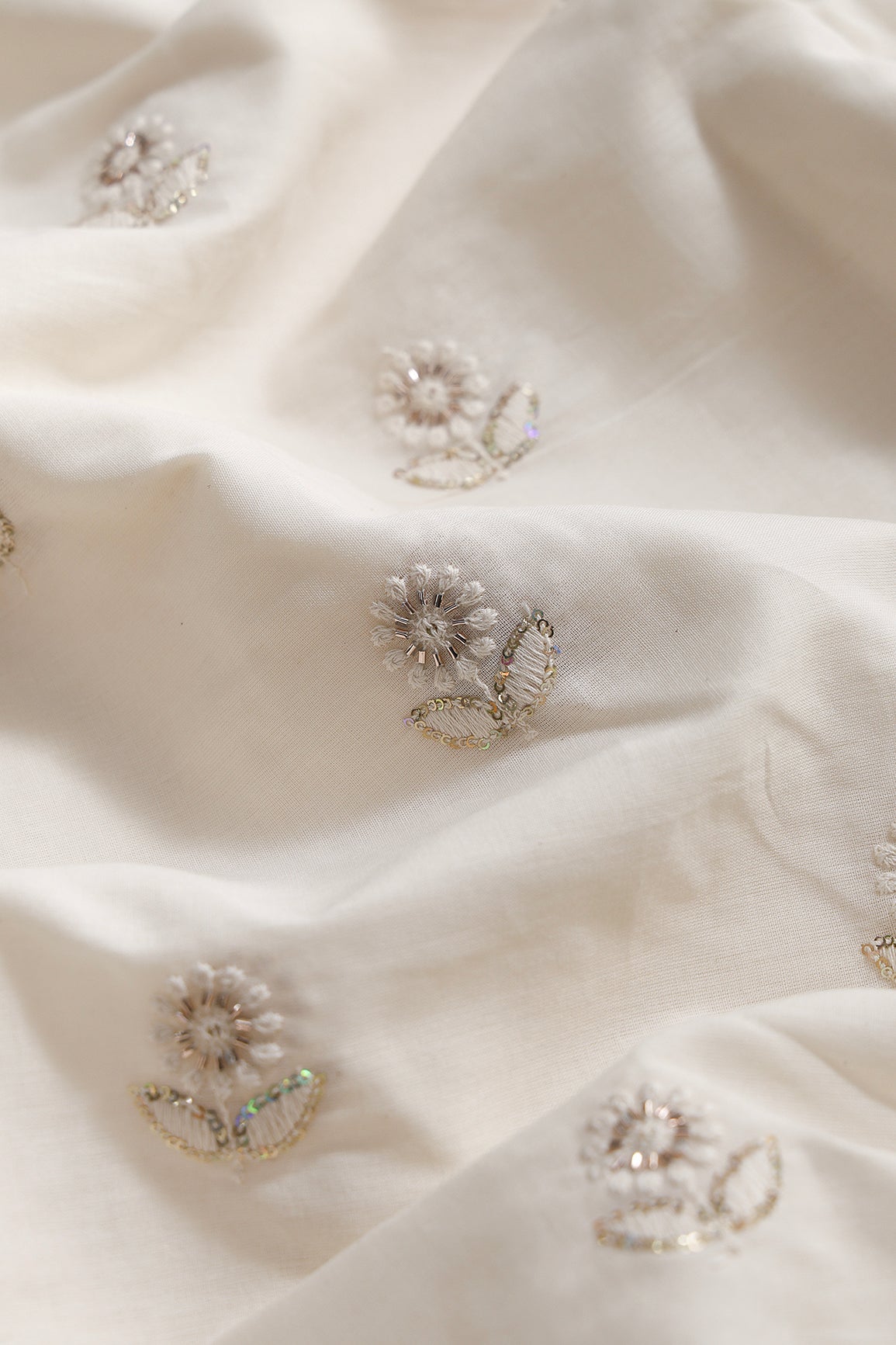 Multi Sequins & Beads With Thread Floral Leafy Embroidery Work On Off White Organic Cotton Fabric - doeraa