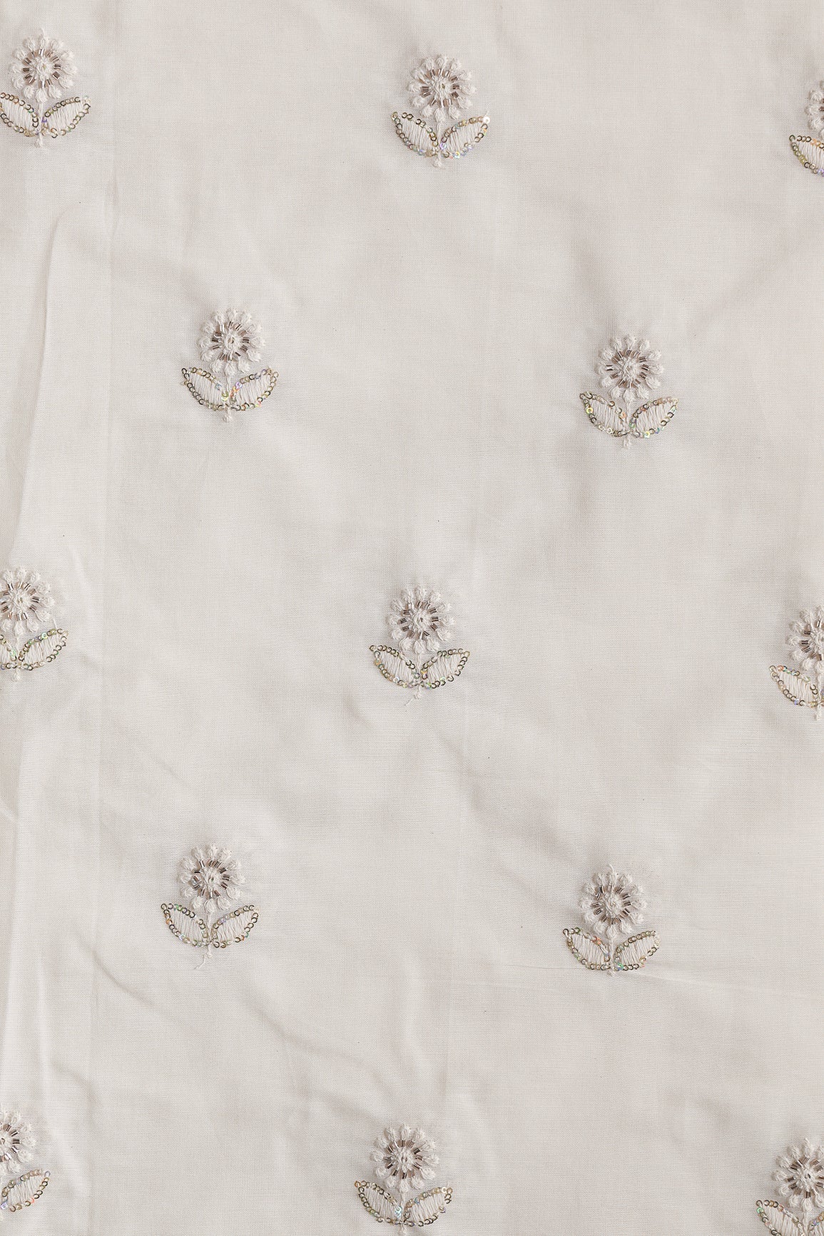 Multi Sequins & Beads With Thread Floral Leafy Embroidery Work On Off White Organic Cotton Fabric - doeraa
