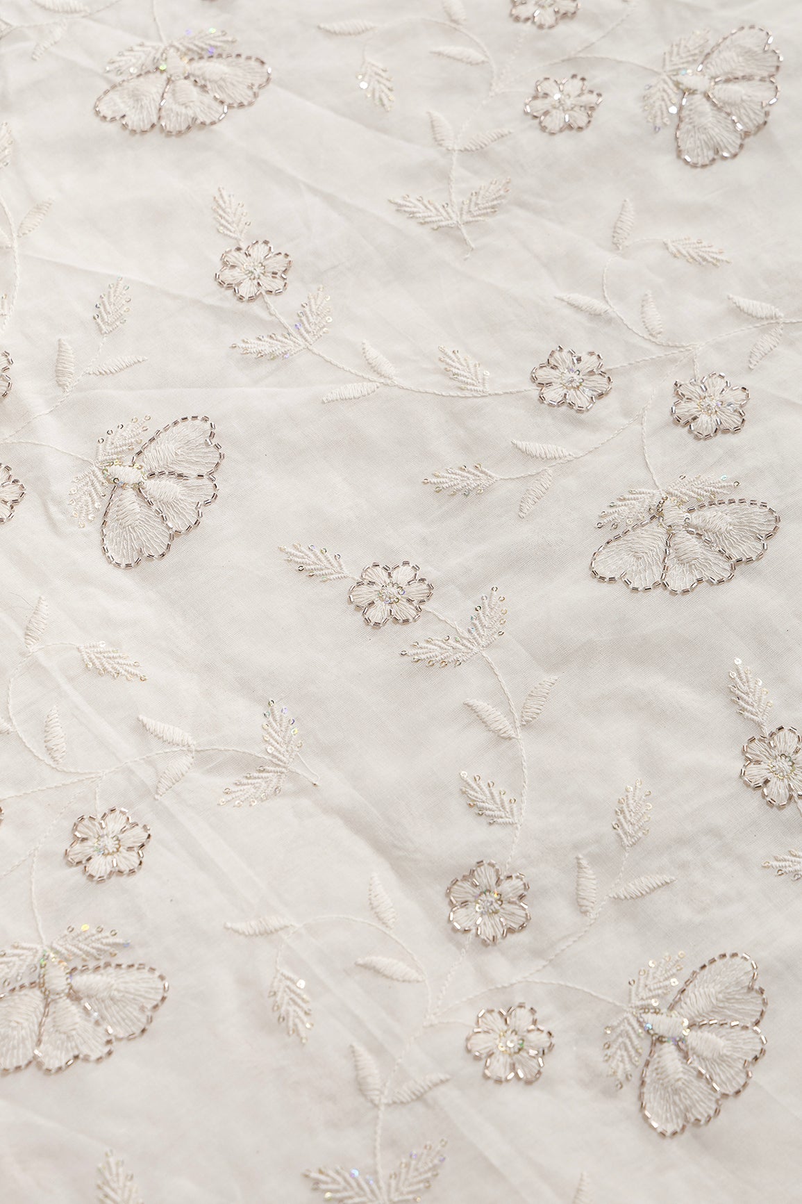 Multi Sequins & Beads With Thread Floral Leafy Embroidery Work On Off White Organic Cotton Fabric - doeraa
