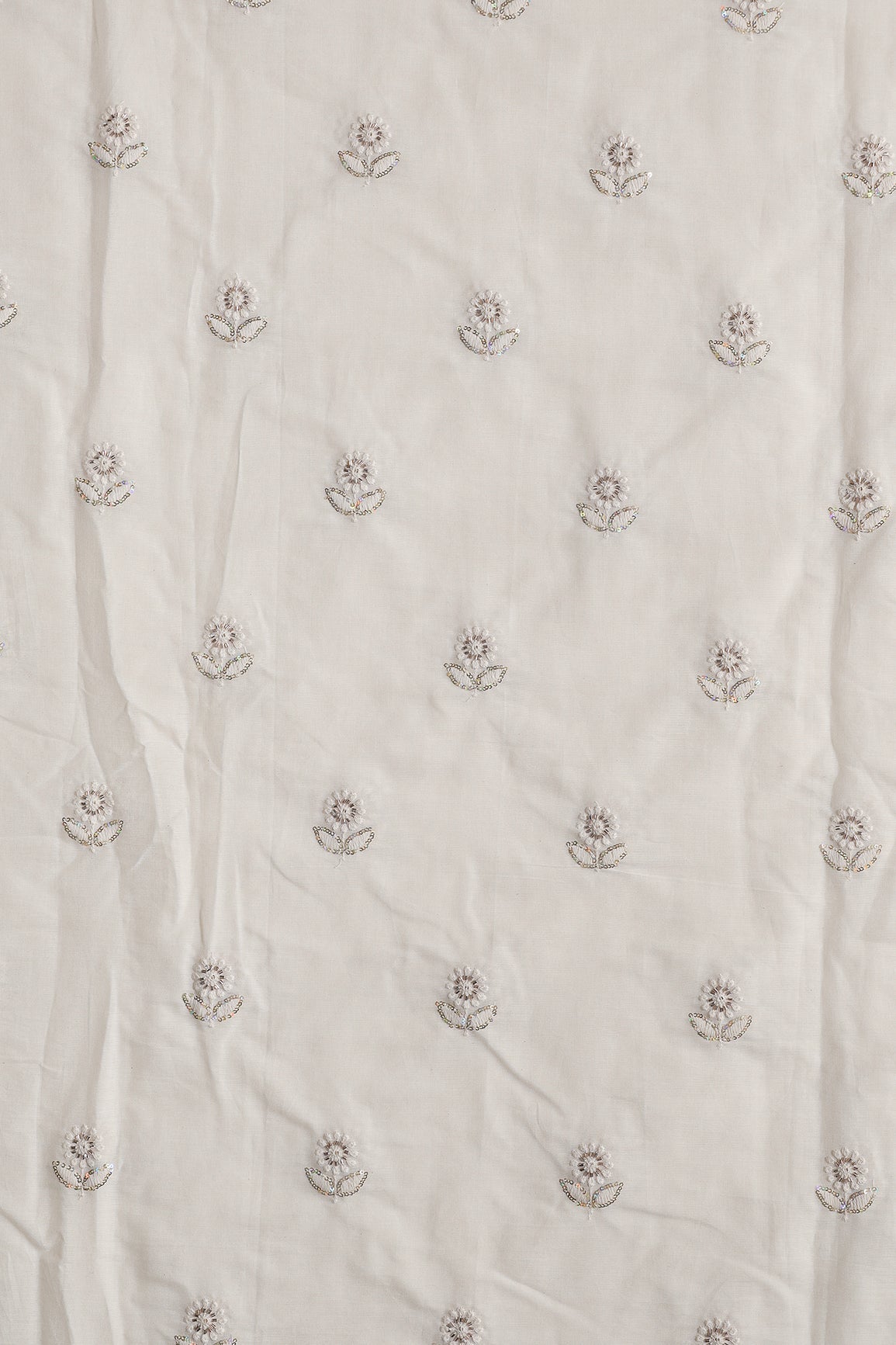 Multi Sequins & Beads With Thread Floral Leafy Embroidery Work On Off White Organic Cotton Fabric - doeraa