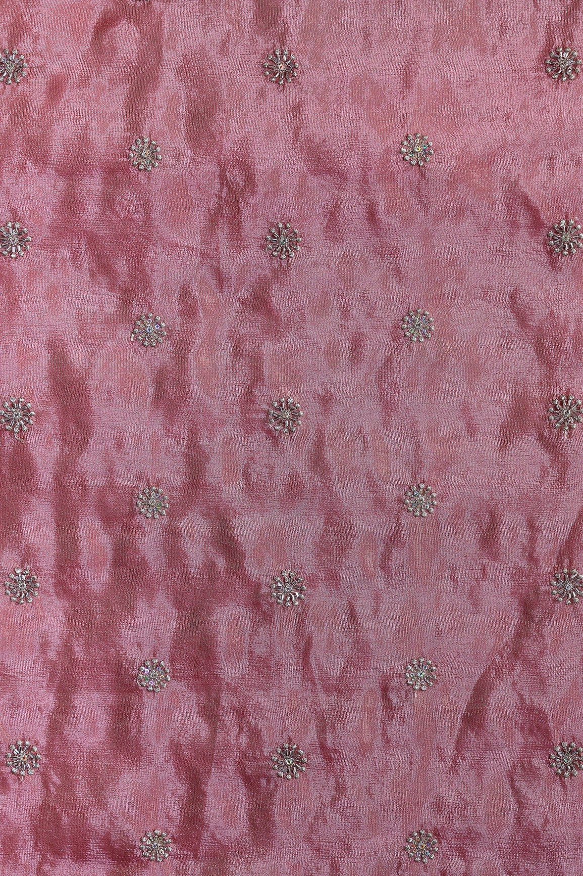 Multi Sequins & Beads With Zari Floral Butti Embroidery Work On Gajri Viscose Zari Tissue Fabric - doeraa