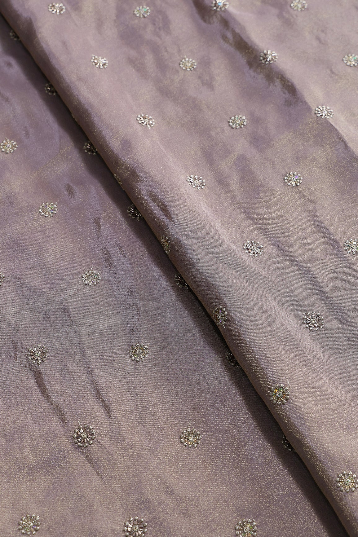 Multi Sequins & Beads With Zari Floral Butti Embroidery Work On Lavender Viscose Zari Tissue Fabric - doeraa