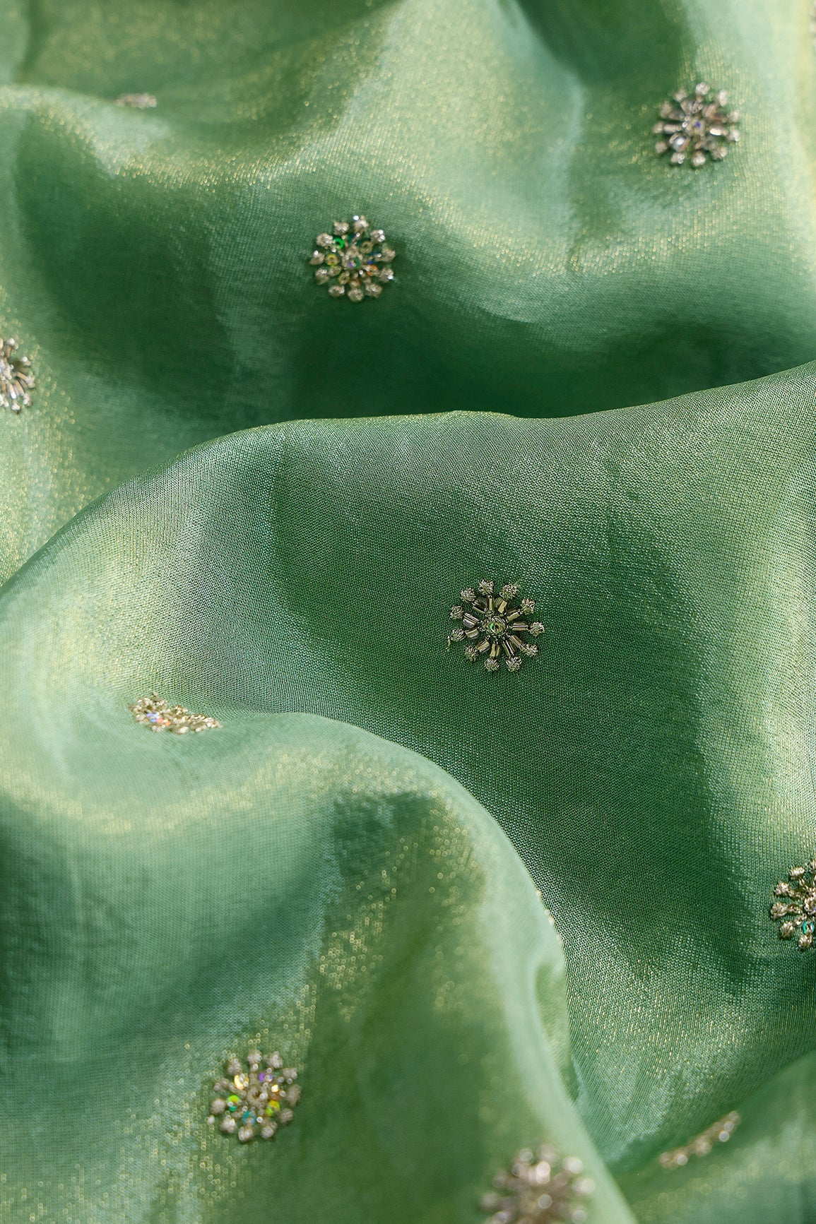 Multi Sequins & Beads With Zari Floral Butti Embroidery Work On Olive Viscose Zari Tissue Fabric - doeraa