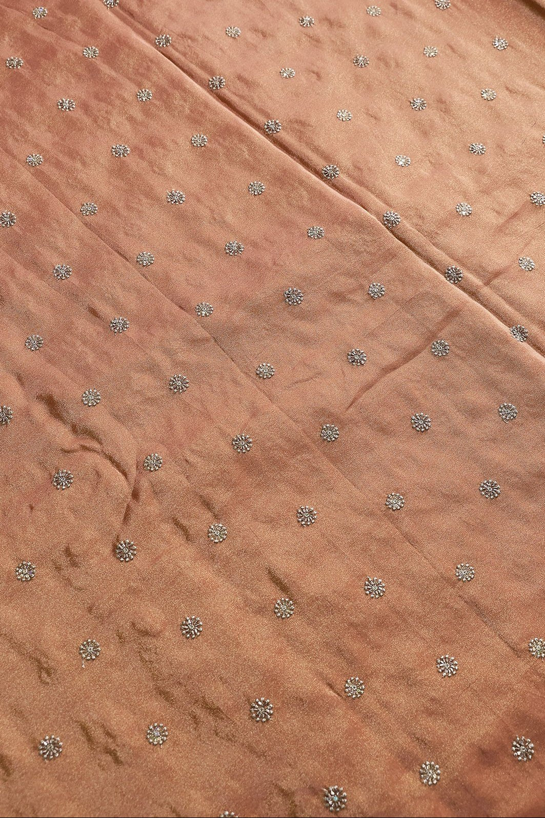 Multi Sequins & Beads With Zari Floral Butti Embroidery Work On Peach Viscose Zari Tissue Fabric - doeraa