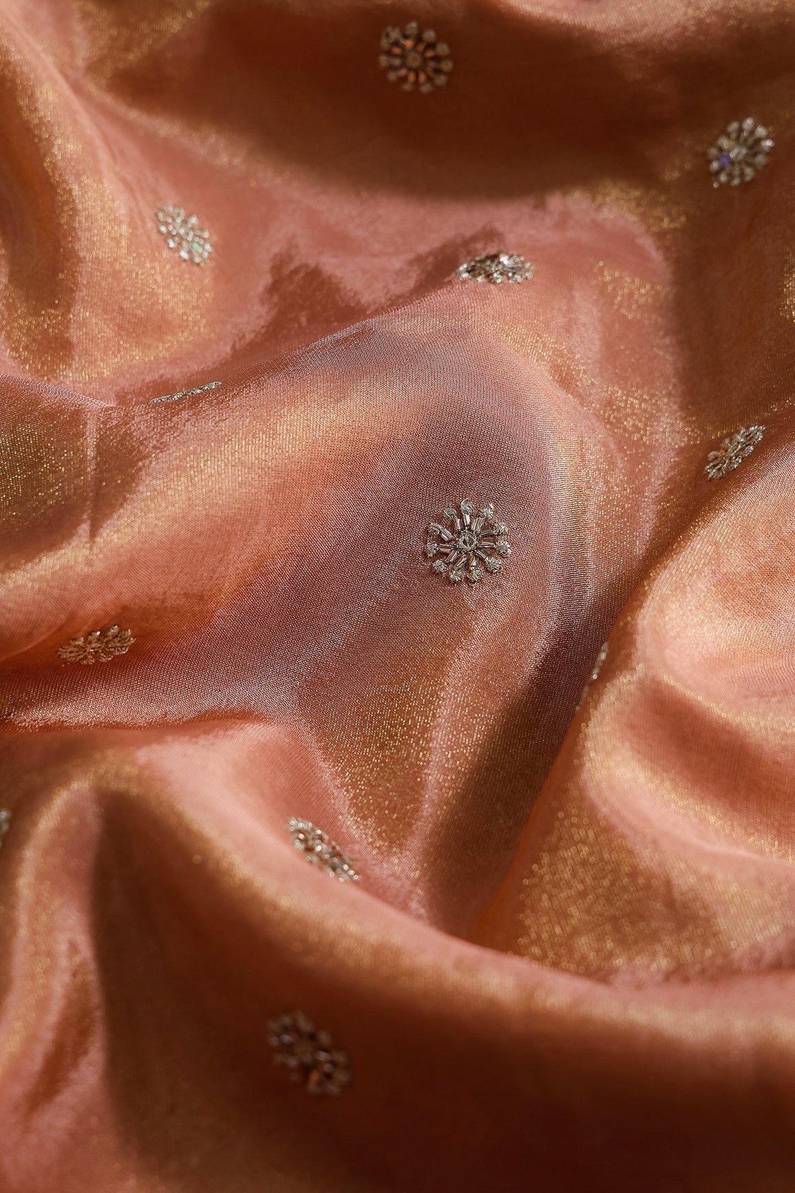 Multi Sequins & Beads With Zari Floral Butti Embroidery Work On Peach Viscose Zari Tissue Fabric - doeraa