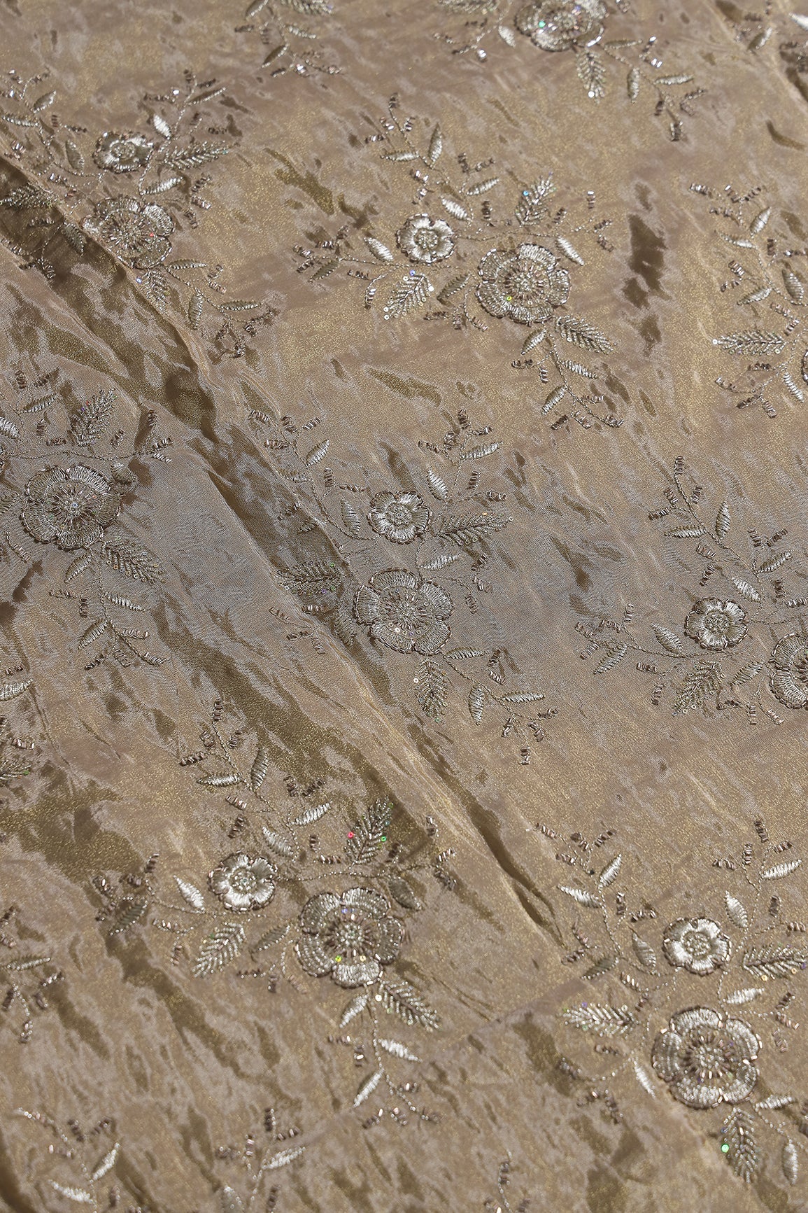 Multi Sequins & Beads With Zari Floral Embroidery Work On Beige Shiny Viscose Zari Tissue Fabric - doeraa