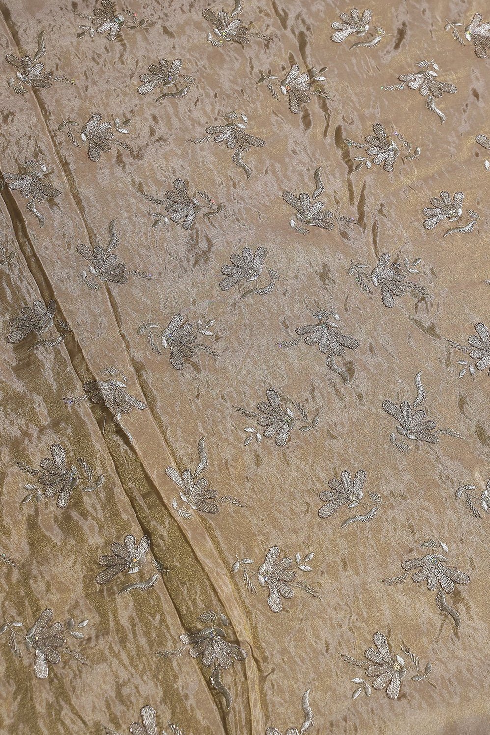 Multi Sequins & Beads With Zari Floral Embroidery Work On Beige Shiny Viscose Zari Tissue Fabric - doeraa