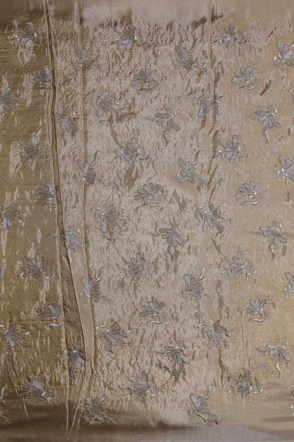 Multi Sequins & Beads With Zari Floral Embroidery Work On Beige Shiny Viscose Zari Tissue Fabric - doeraa