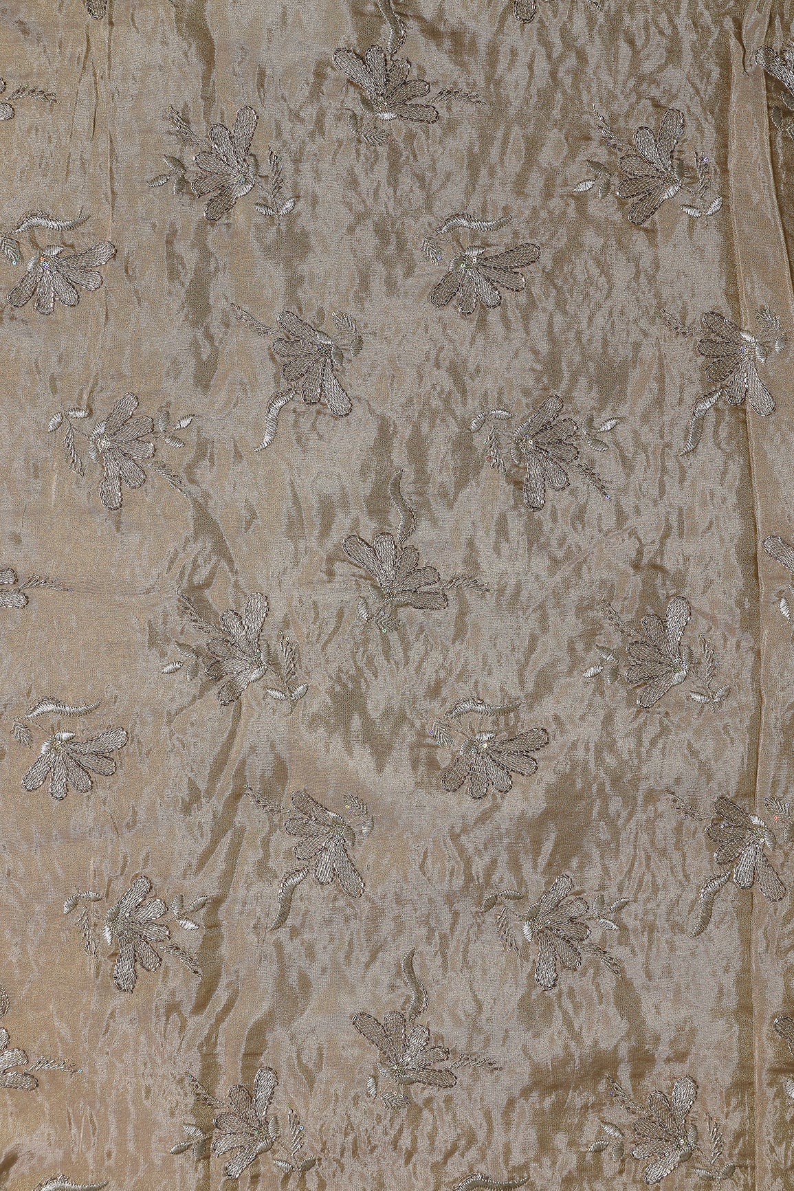 Multi Sequins & Beads With Zari Floral Embroidery Work On Beige Shiny Viscose Zari Tissue Fabric - doeraa