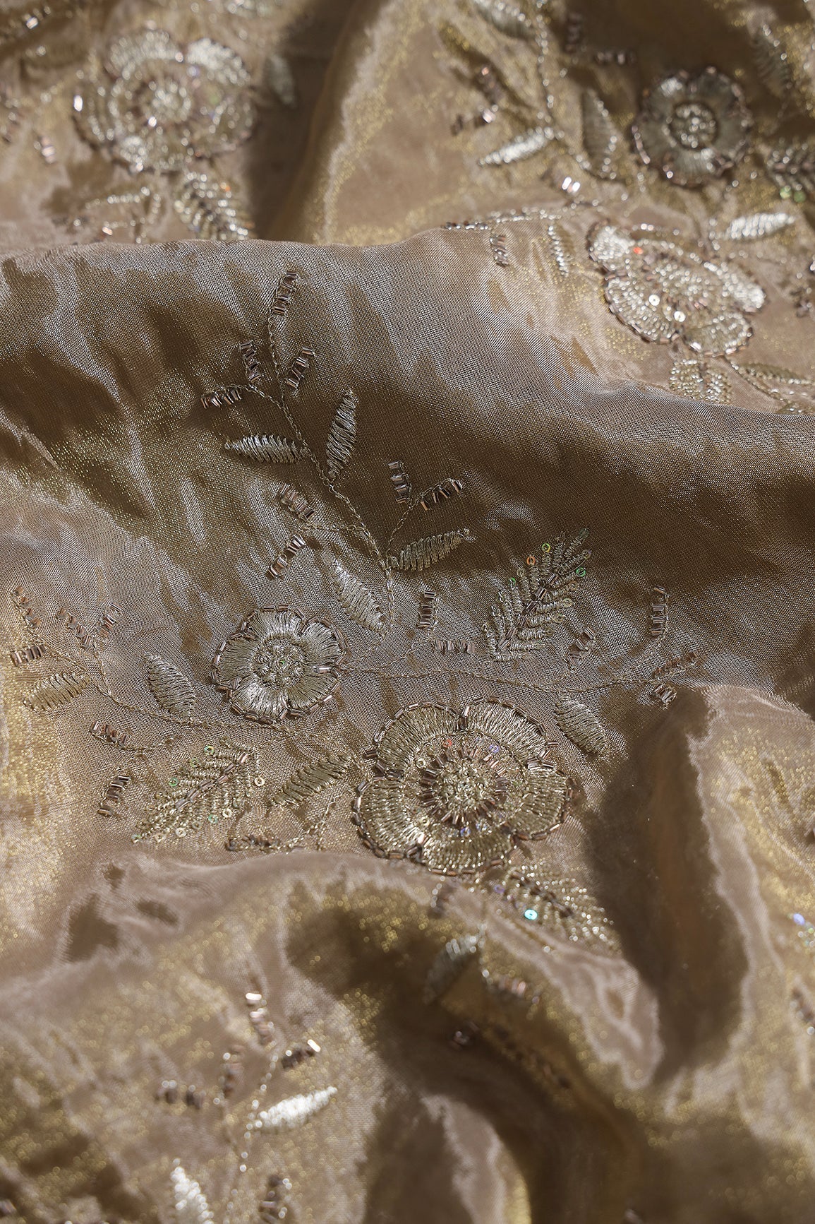 Multi Sequins & Beads With Zari Floral Embroidery Work On Beige Shiny Viscose Zari Tissue Fabric - doeraa