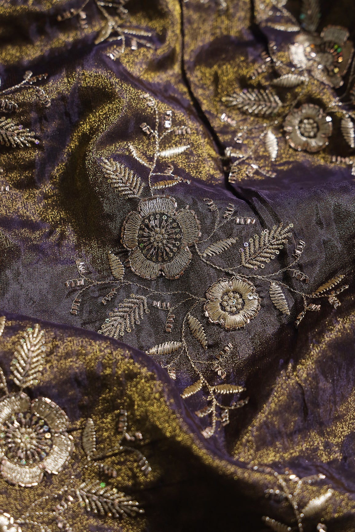 Multi Sequins & Beads With Zari Floral Embroidery Work On Dark Purple Shiny Viscose Zari Tissue Fabric - doeraa
