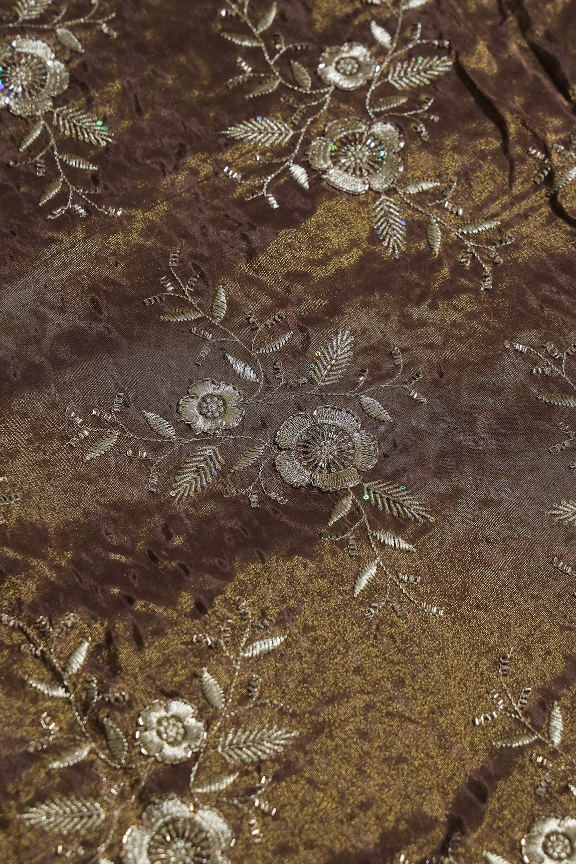 Multi Sequins & Beads With Zari Floral Embroidery Work On Mocha Mousse Shiny Viscose Zari Tissue Fabric - doeraa