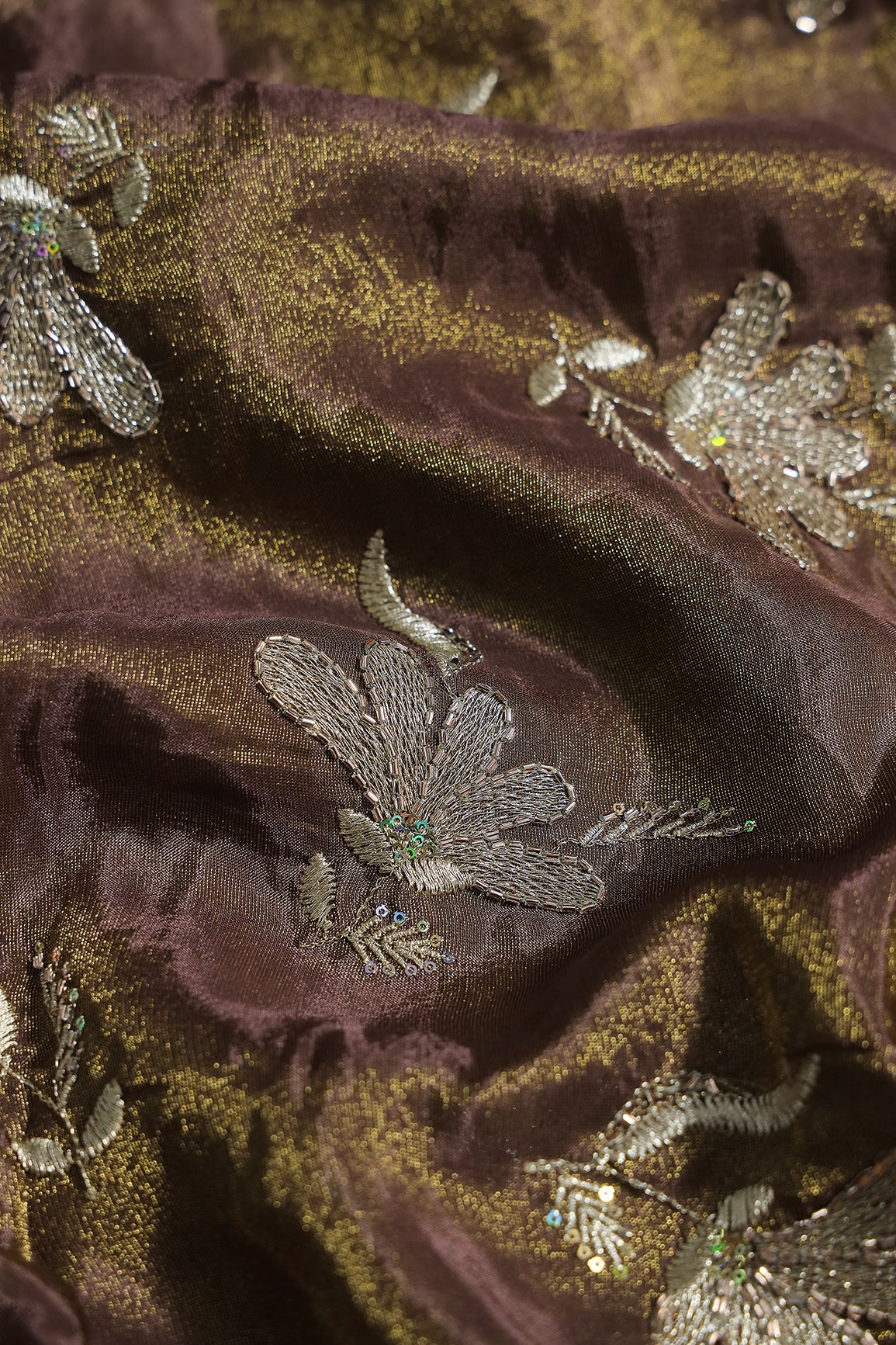 Multi Sequins & Beads With Zari Floral Embroidery Work On Mocha Mousse Shiny Viscose Zari Tissue Fabric - doeraa