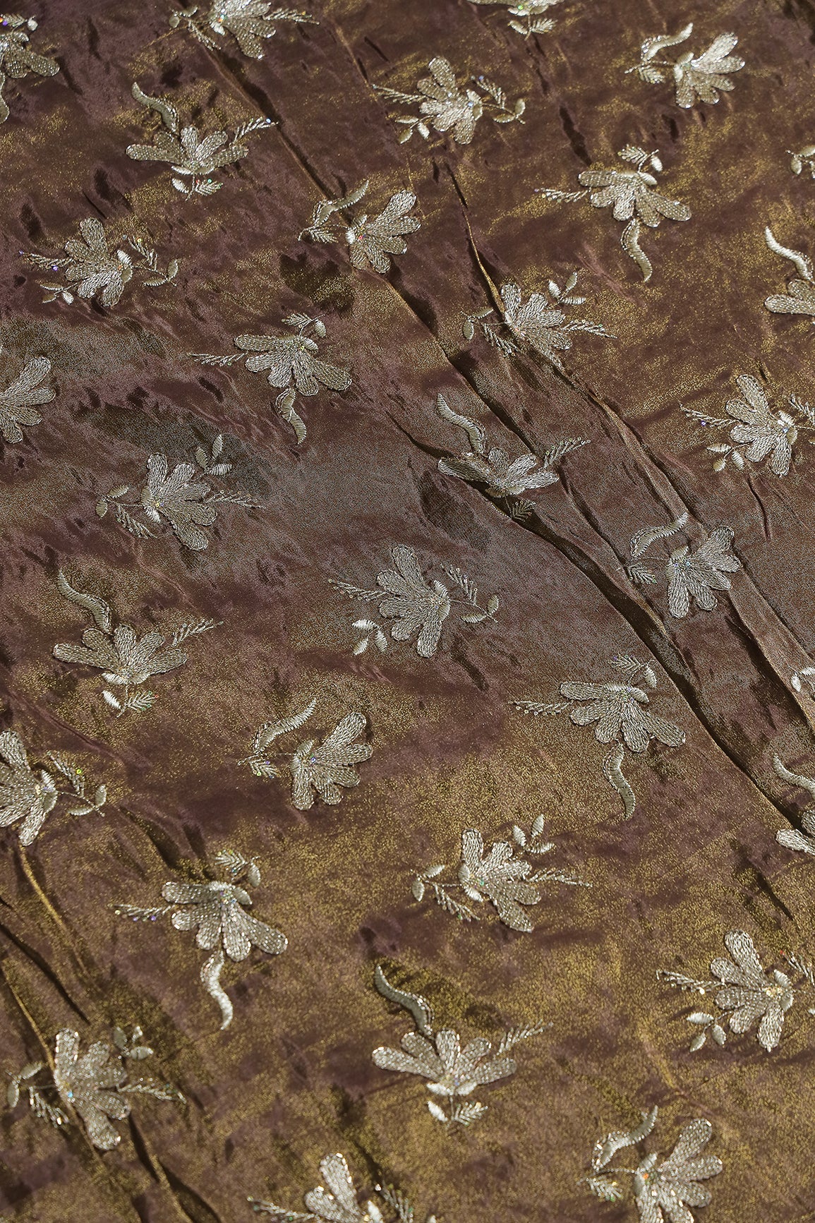Multi Sequins & Beads With Zari Floral Embroidery Work On Mocha Mousse Shiny Viscose Zari Tissue Fabric - doeraa