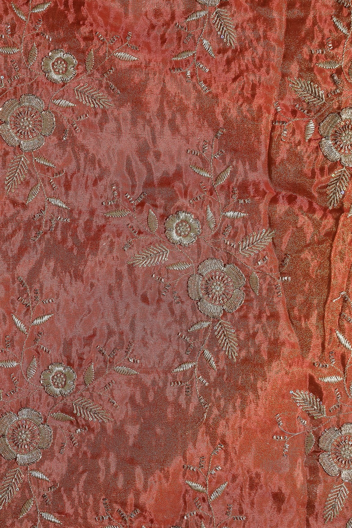 Multi Sequins & Beads With Zari Floral Embroidery Work On Rust Shiny Viscose Zari Tissue Fabric - doeraa
