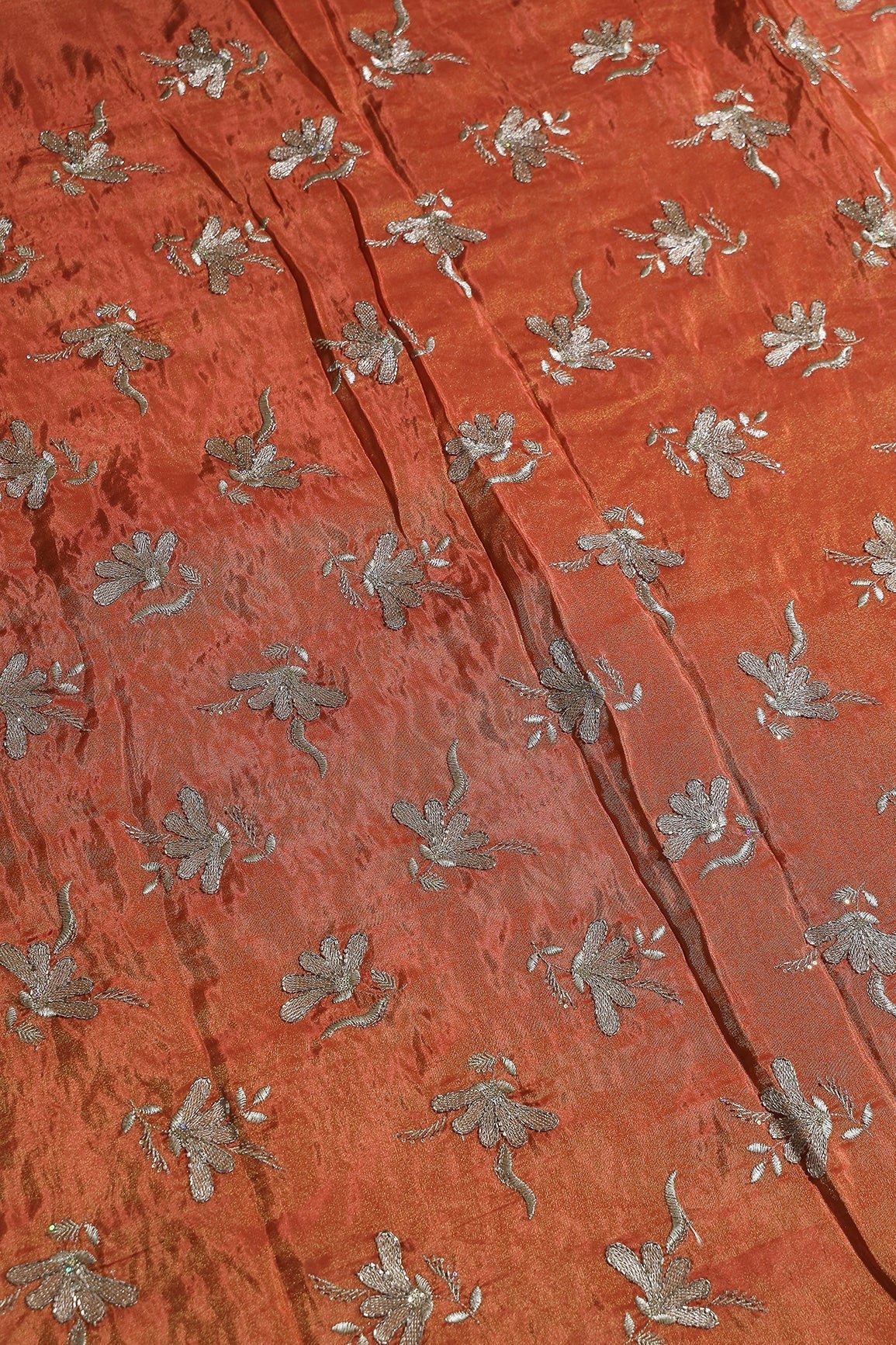 Multi Sequins & Beads With Zari Floral Embroidery Work On Rust Shiny Viscose Zari Tissue Fabric - doeraa