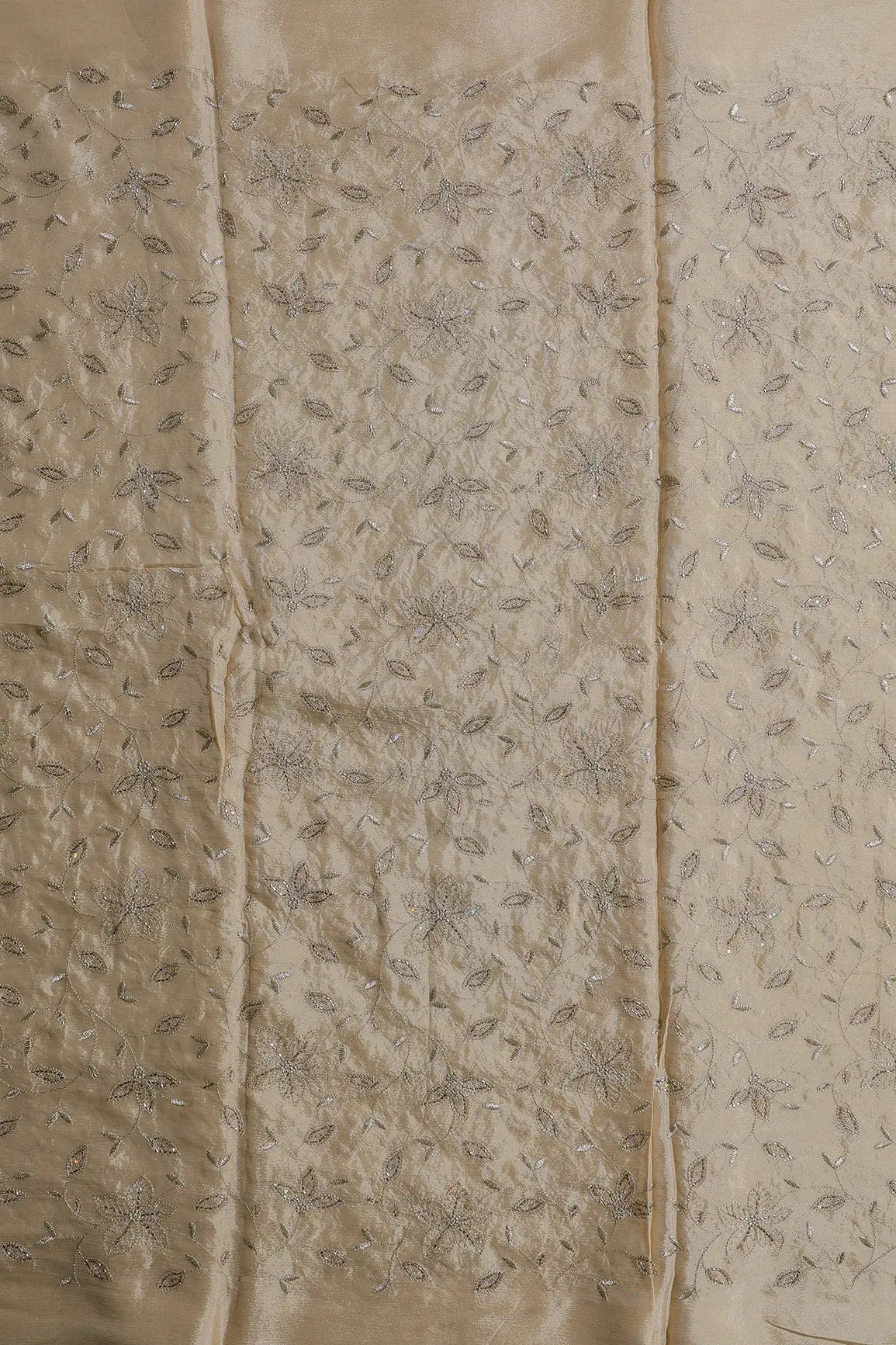 Multi Sequins & Beads With Zari Floral Leafy Embroidery Work On Beige Chinnon Chiffon Fabric - doeraa