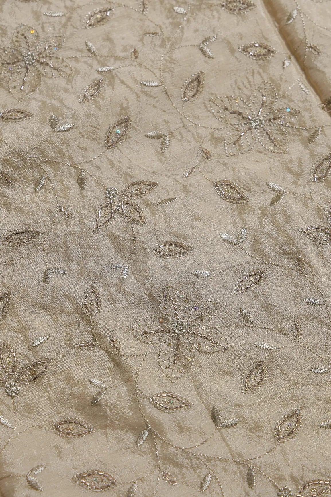 Multi Sequins & Beads With Zari Floral Leafy Embroidery Work On Beige Chinnon Chiffon Fabric - doeraa