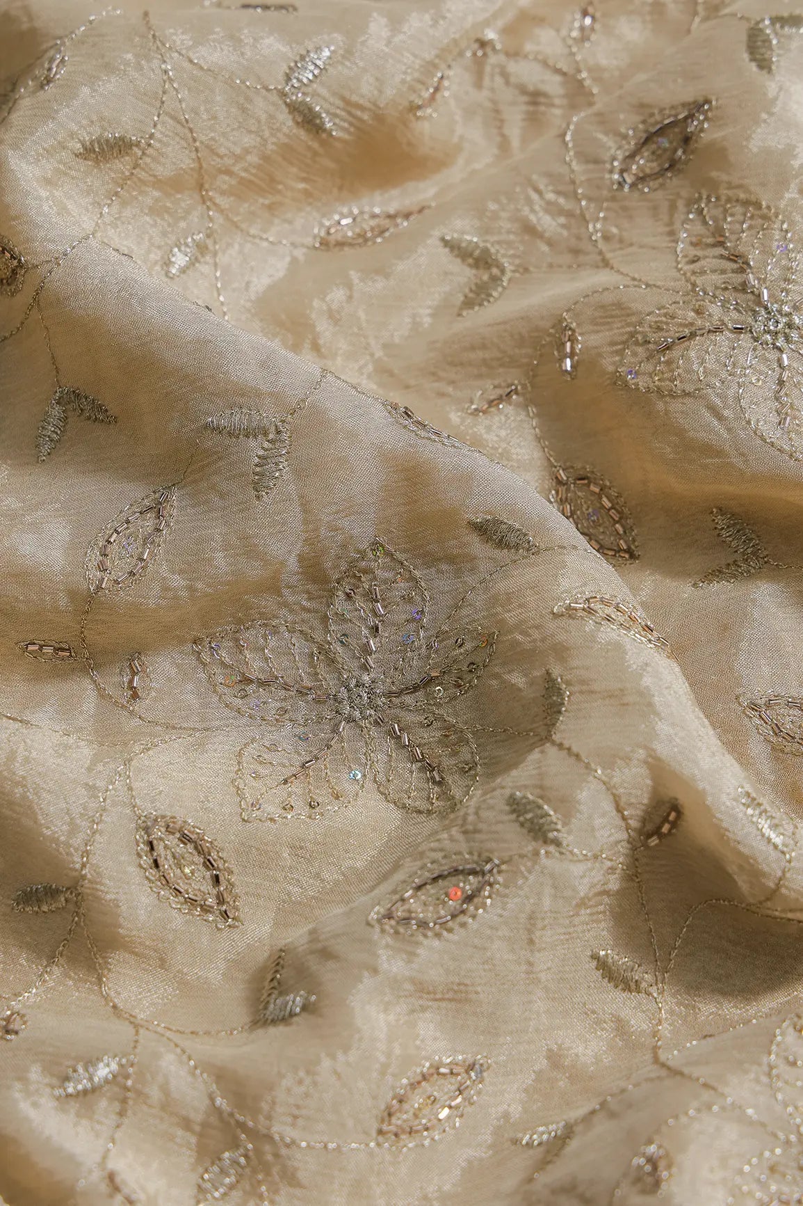 Multi Sequins & Beads With Zari Floral Leafy Embroidery Work On Beige Chinnon Chiffon Fabric - doeraa