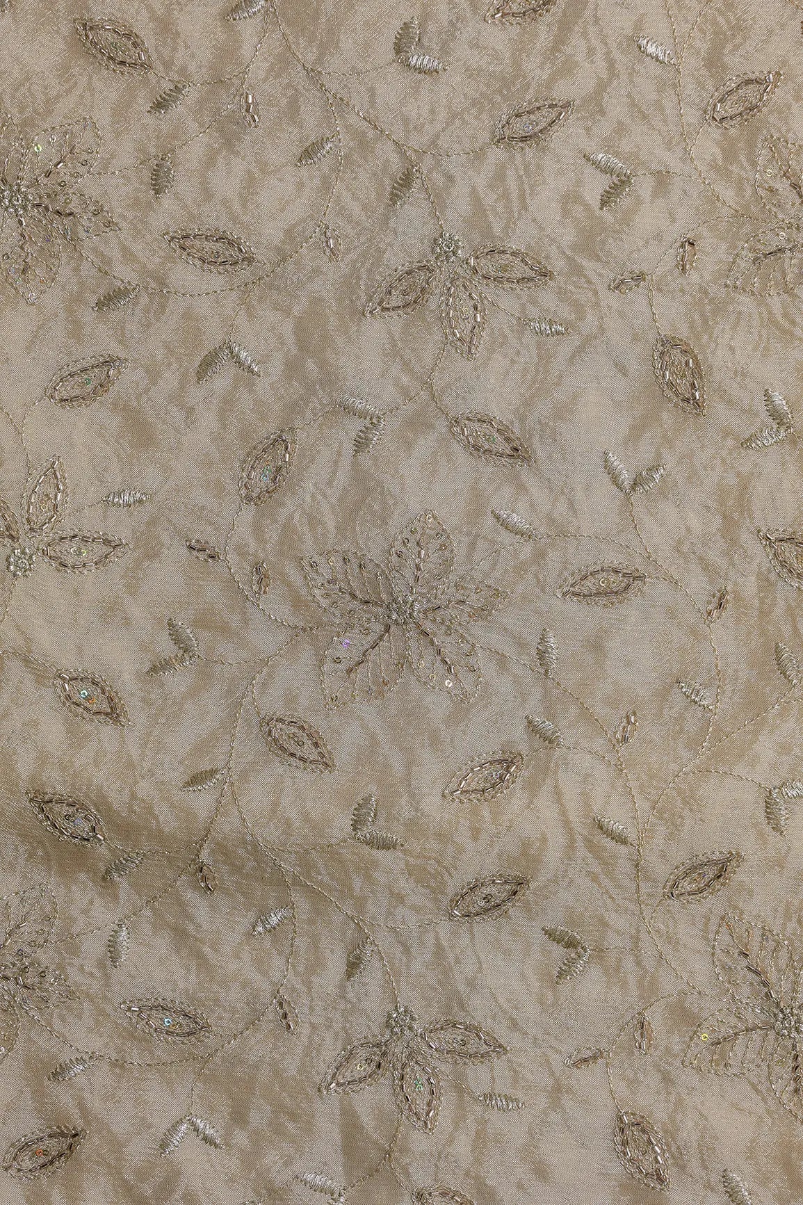 Multi Sequins & Beads With Zari Floral Leafy Embroidery Work On Beige Chinnon Chiffon Fabric - doeraa