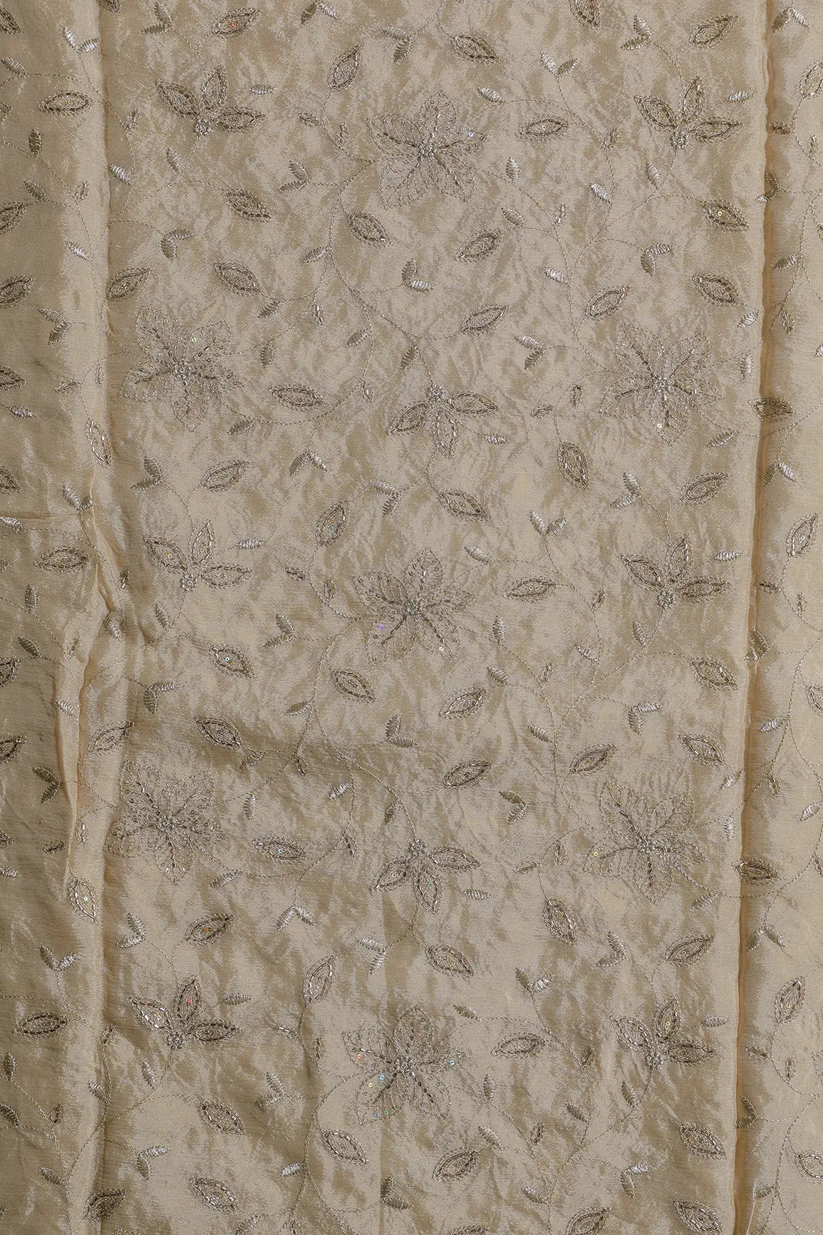 Multi Sequins & Beads With Zari Floral Leafy Embroidery Work On Beige Chinnon Chiffon Fabric - doeraa
