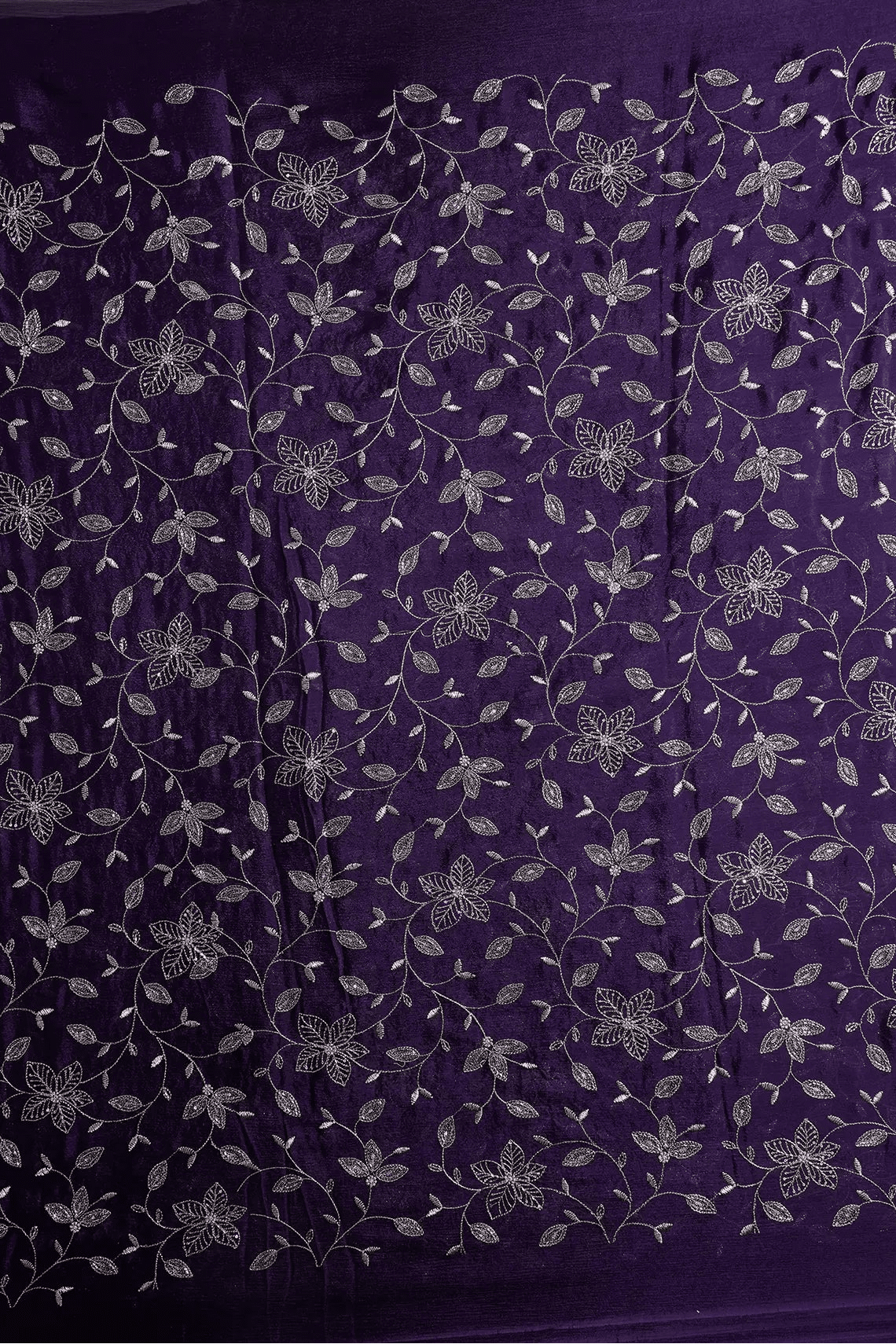 Multi Sequins & Beads With Zari Floral Leafy Embroidery Work On Dark Purple Chinnon Chiffon Fabric - doeraa