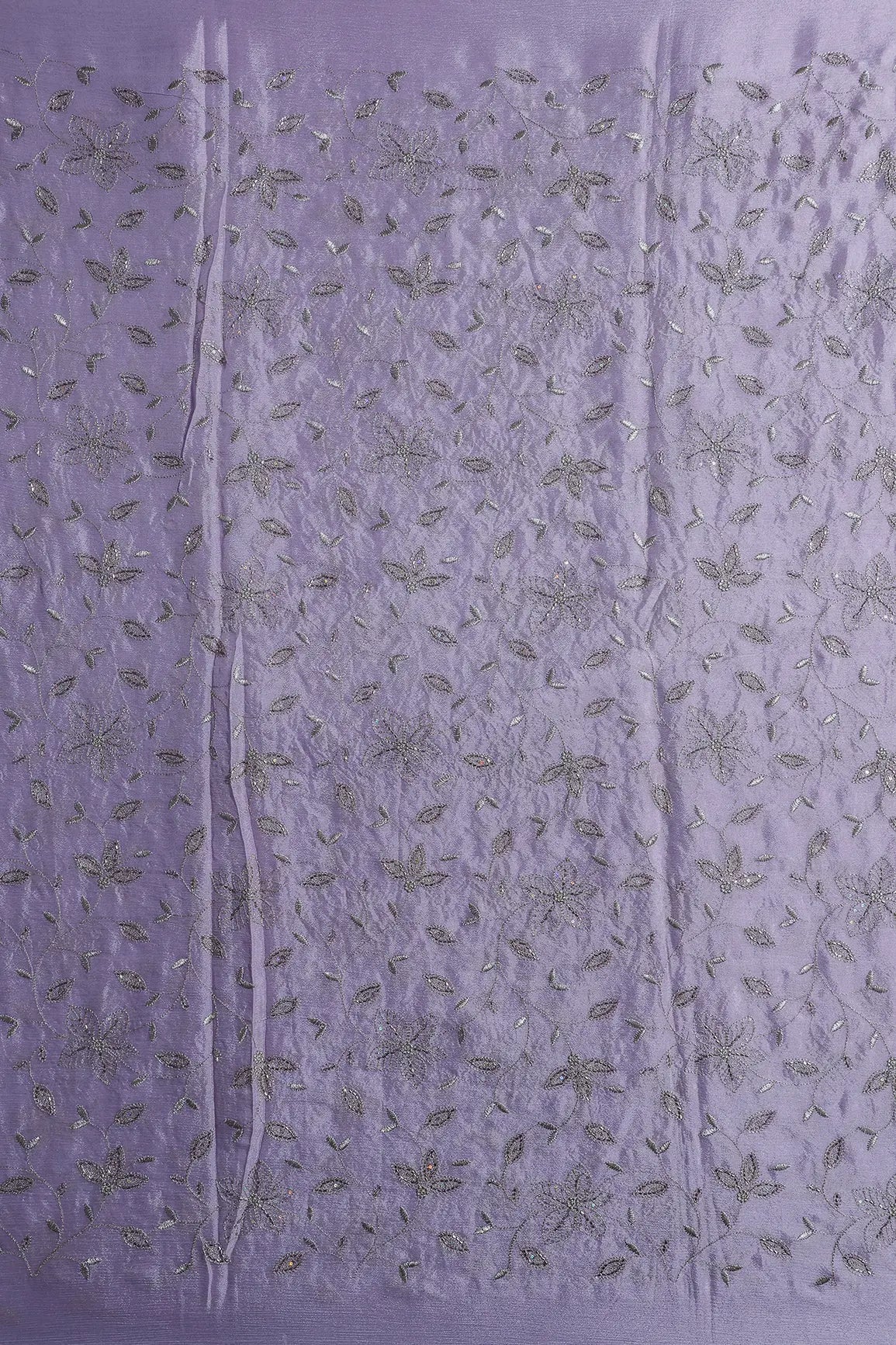 Multi Sequins & Beads With Zari Floral Leafy Embroidery Work On Lavender Chinnon Chiffon Fabric - doeraa