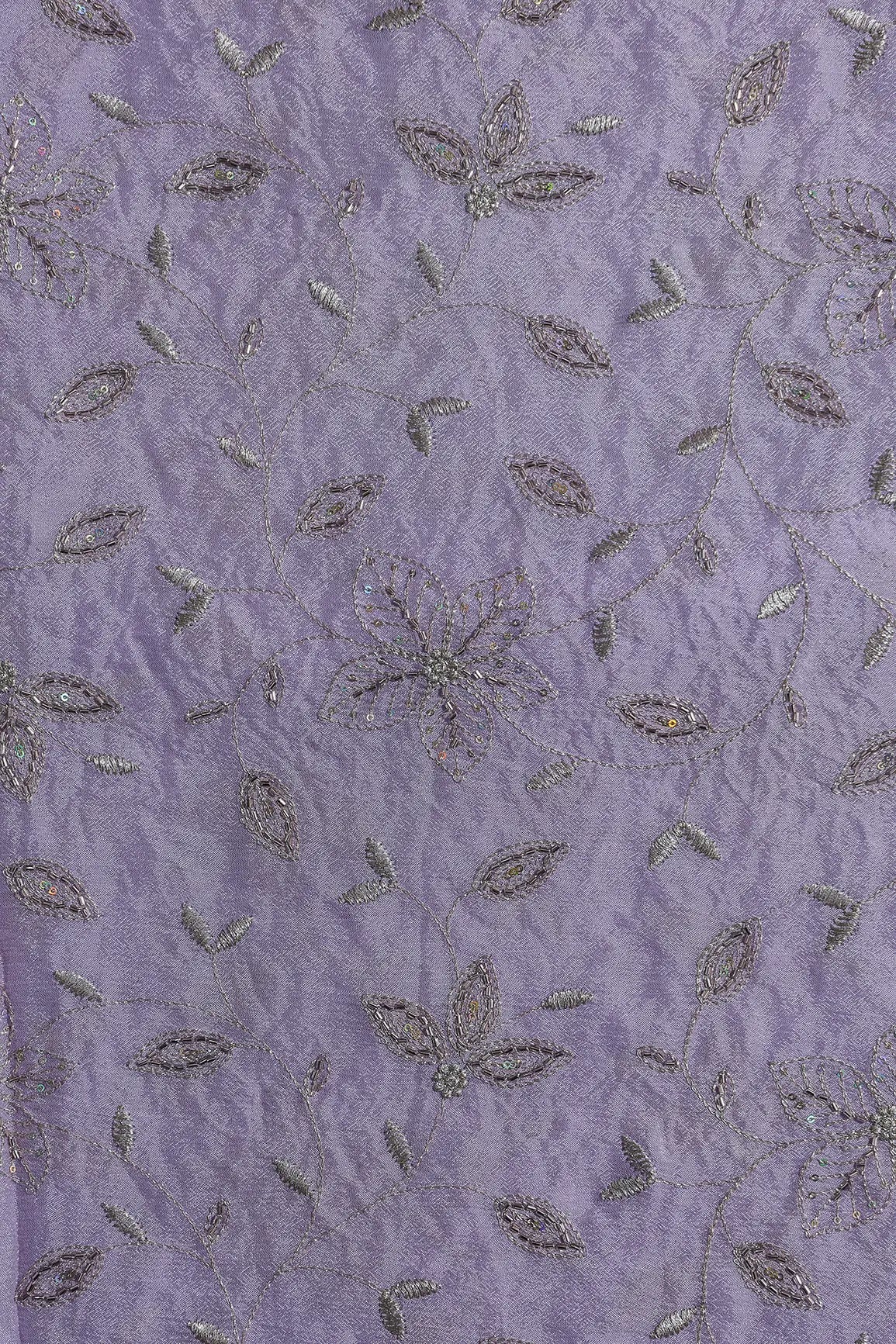 Multi Sequins & Beads With Zari Floral Leafy Embroidery Work On Lavender Chinnon Chiffon Fabric - doeraa