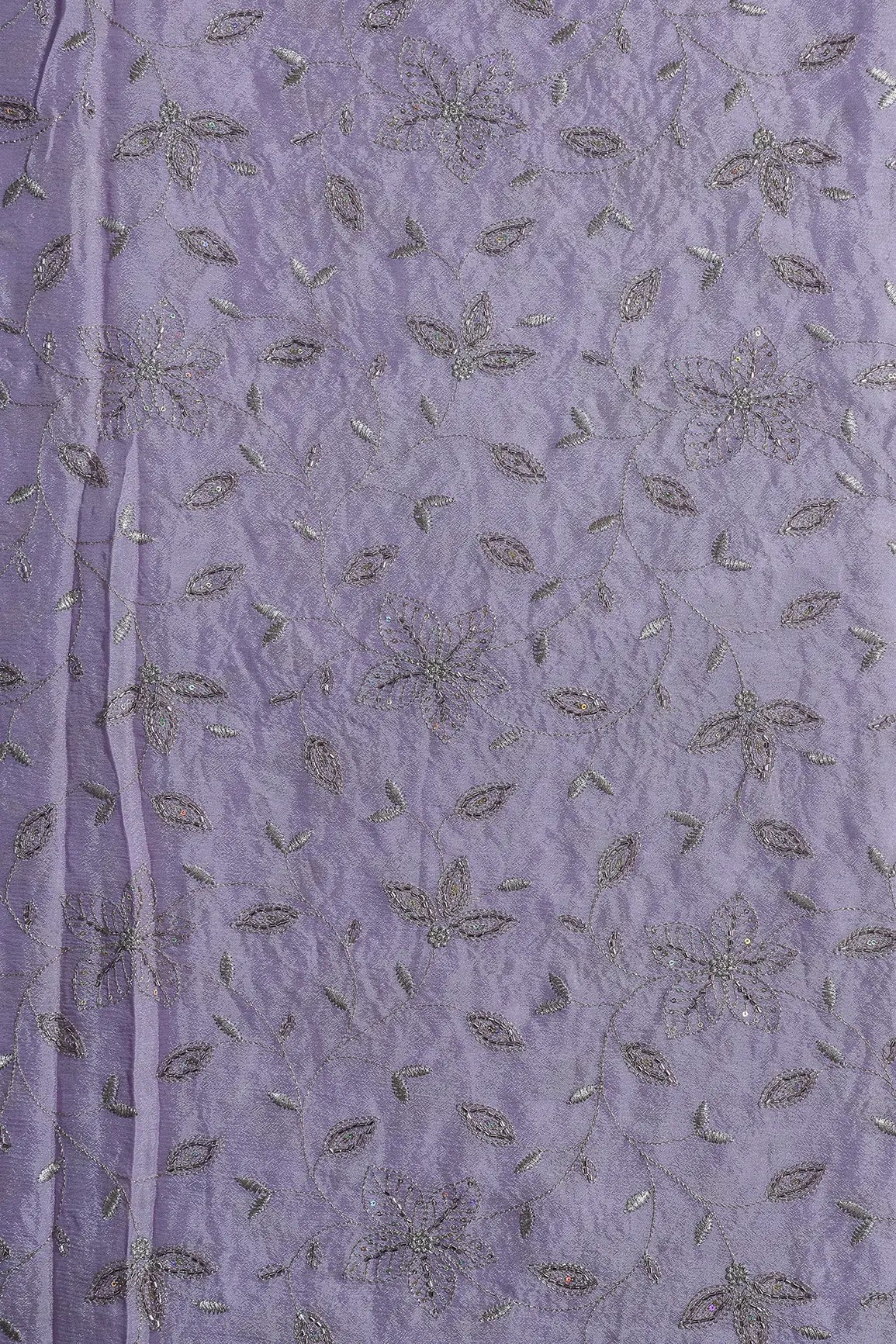 Multi Sequins & Beads With Zari Floral Leafy Embroidery Work On Lavender Chinnon Chiffon Fabric - doeraa