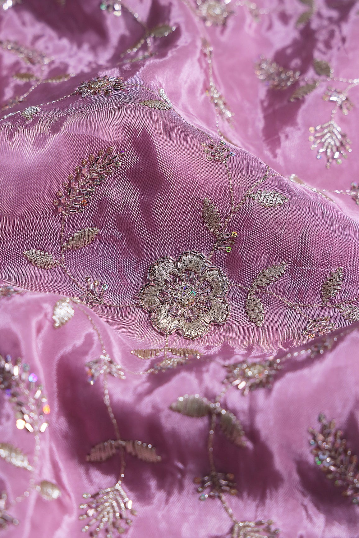 Multi Sequins & Beads With Zari Floral Leafy Embroidery Work On Lavender Pure Glass Tissue Organza Fabric - doeraa