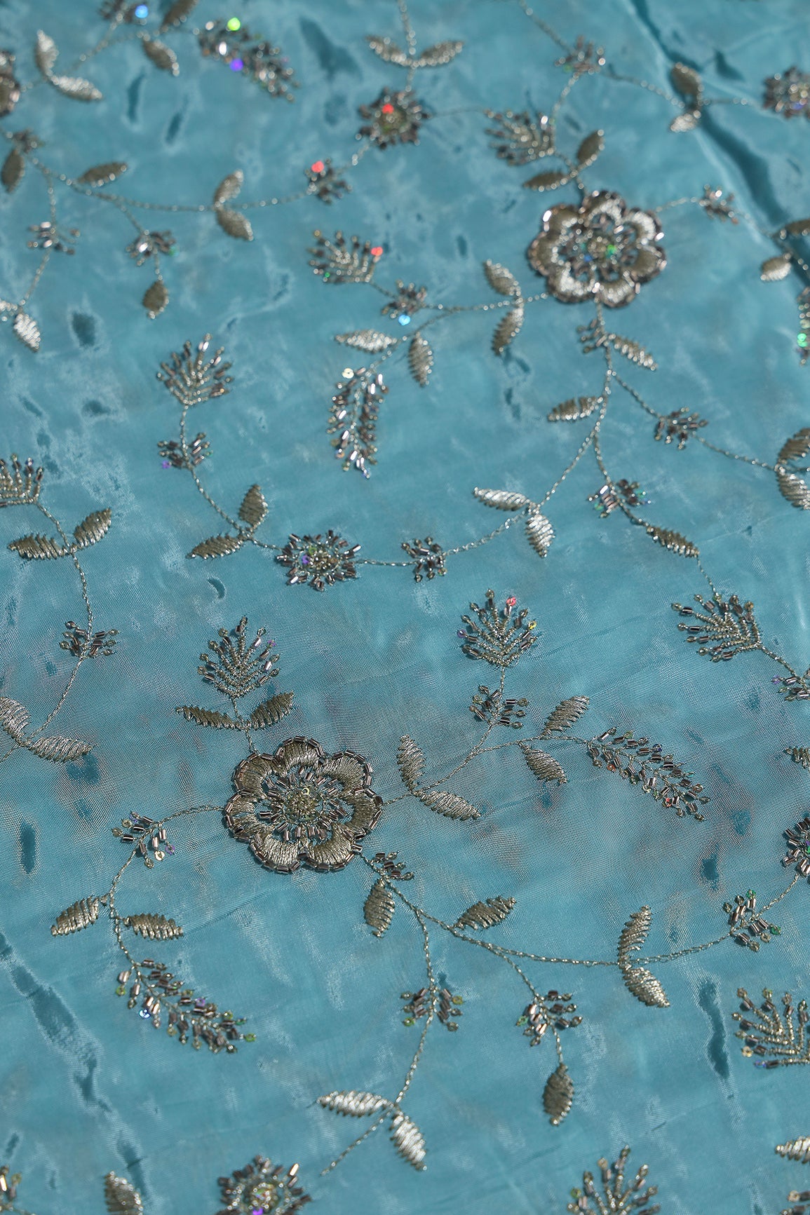 Multi Sequins & Beads With Zari Floral Leafy Embroidery Work On Light Blue Pure Glass Tissue Organza Fabric - doeraa