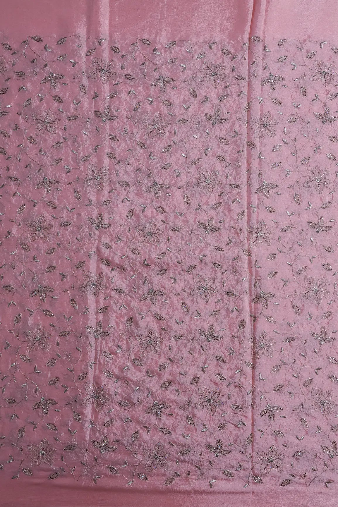 Multi Sequins & Beads With Zari Floral Leafy Embroidery Work On Light Pink Chinnon Chiffon Fabric - doeraa