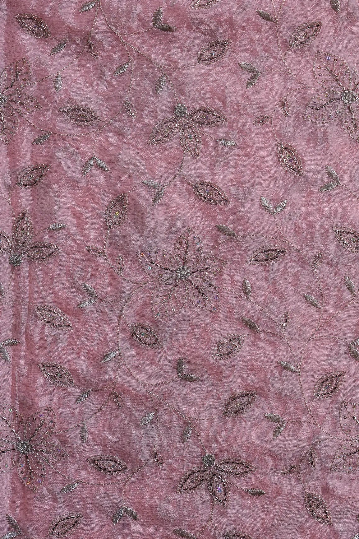 Multi Sequins & Beads With Zari Floral Leafy Embroidery Work On Light Pink Chinnon Chiffon Fabric - doeraa