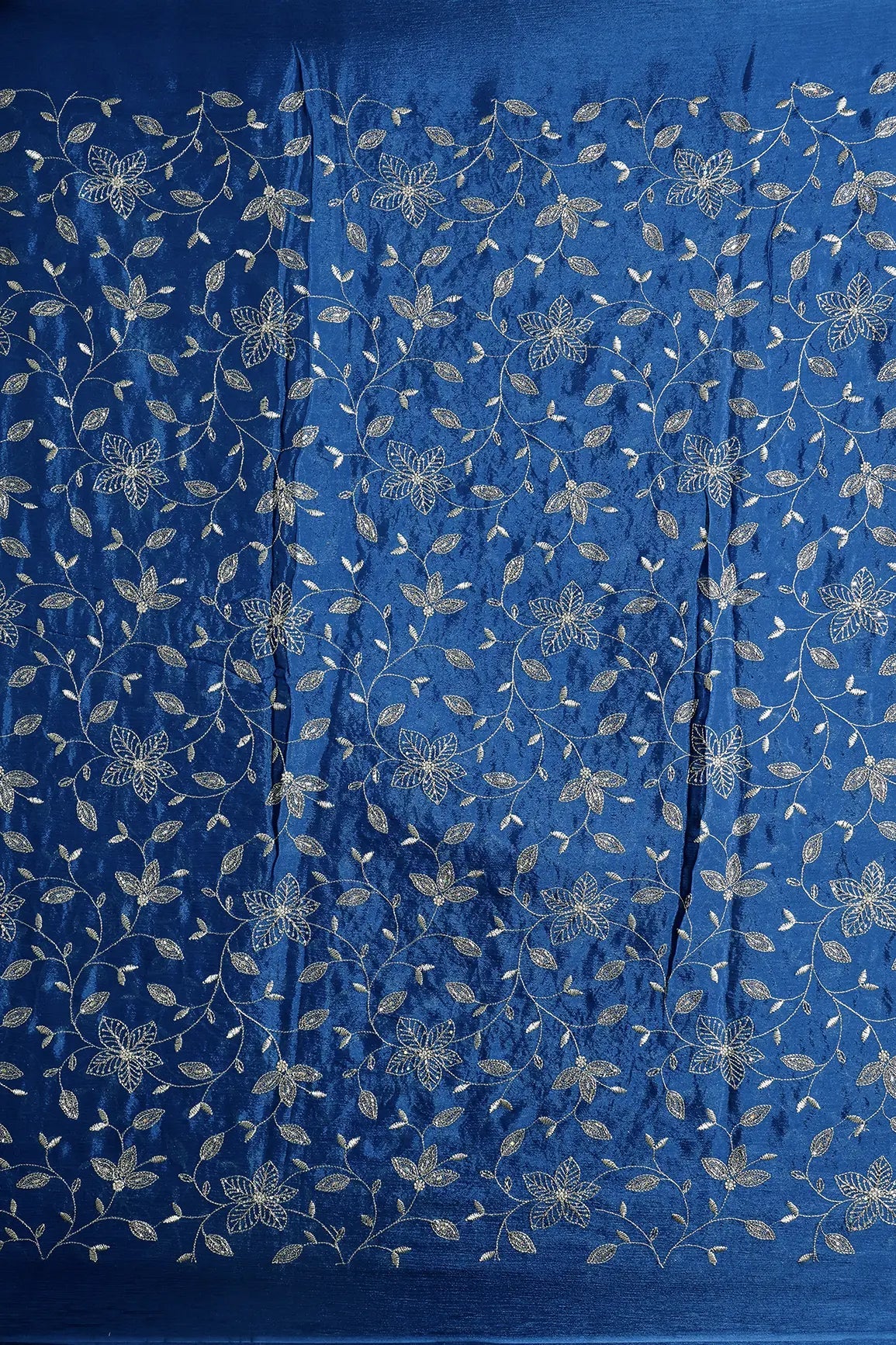 Multi Sequins & Beads With Zari Floral Leafy Embroidery Work On Prussian Blue Chinnon Chiffon Fabric - doeraa