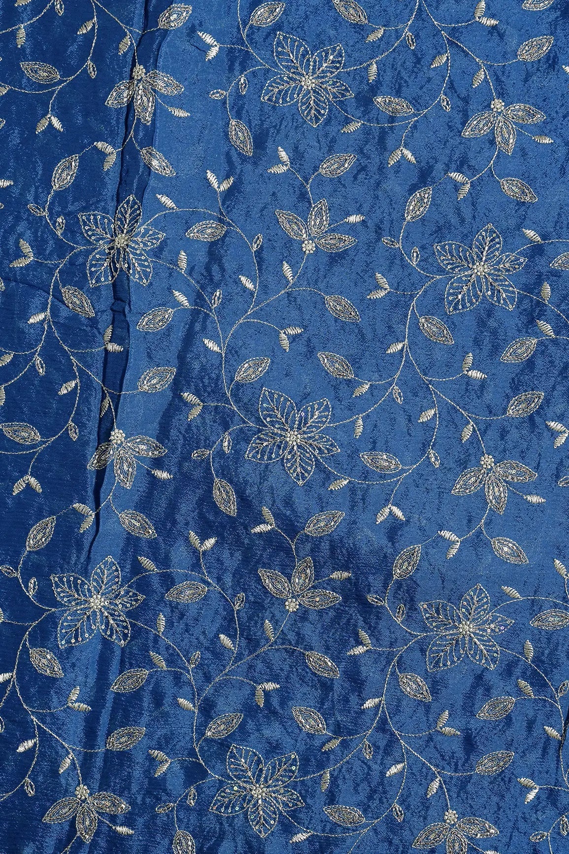 Multi Sequins & Beads With Zari Floral Leafy Embroidery Work On Prussian Blue Chinnon Chiffon Fabric - doeraa