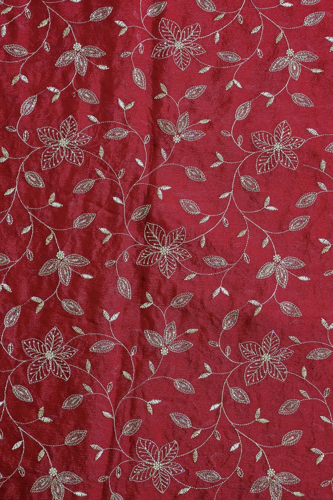 Multi Sequins & Beads With Zari Floral Leafy Embroidery Work On Red Chinnon Chiffon Fabric - doeraa