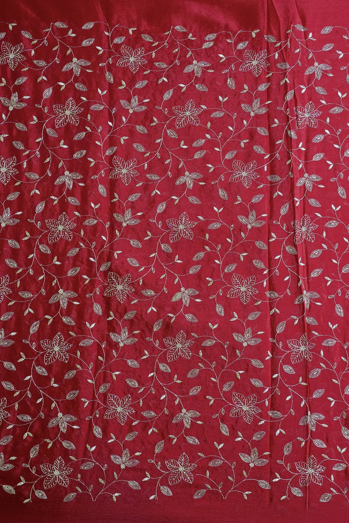 Multi Sequins & Beads With Zari Floral Leafy Embroidery Work On Red Chinnon Chiffon Fabric - doeraa