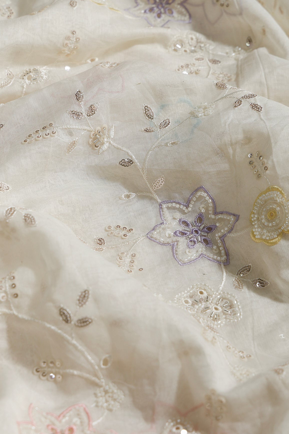 Multi Thread & Beads With Silver Sequins Beautiful Floral Leafy Embroidery Work On Off White Pure Mul Chanderi Silk Fabric - doeraa